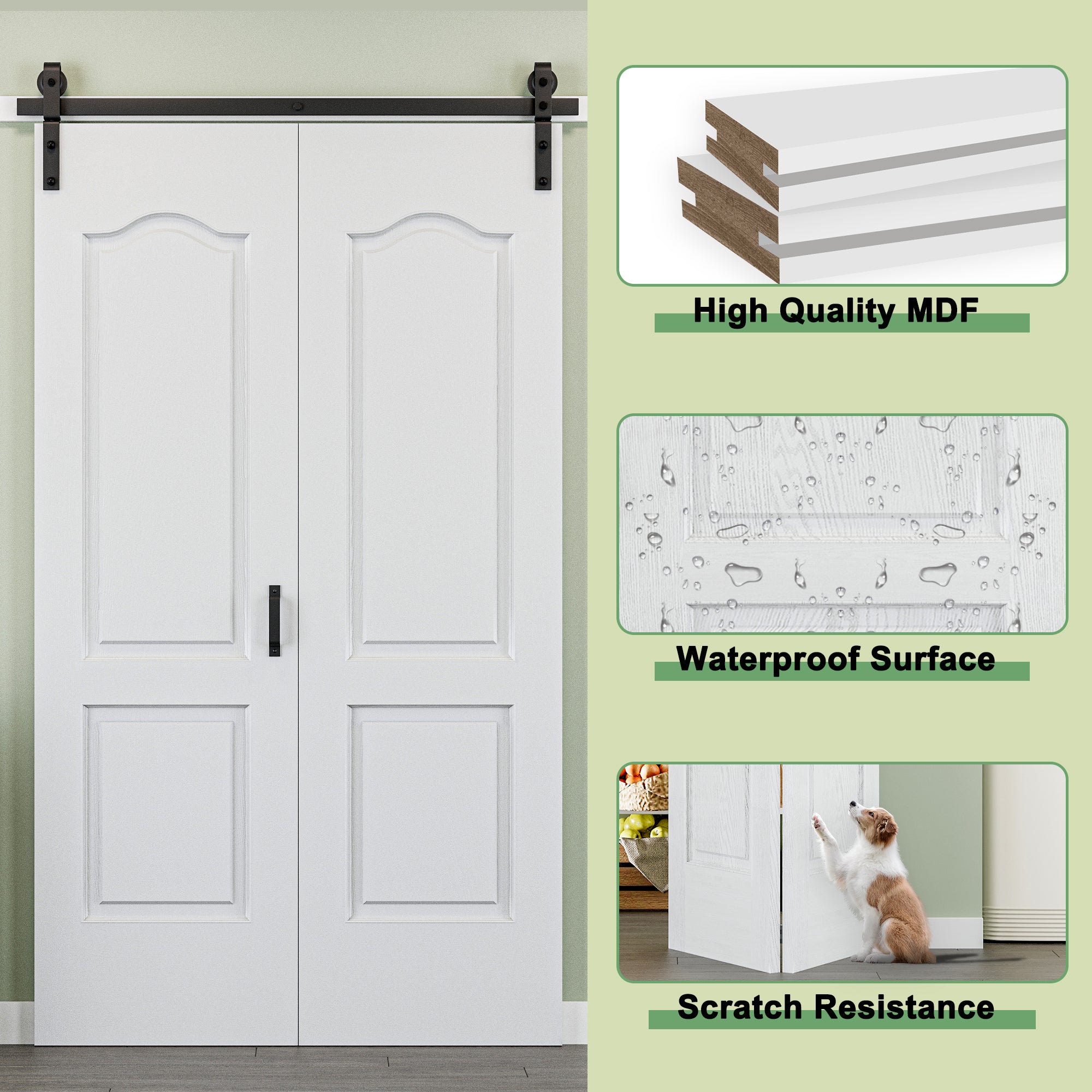 [Paintable] Hollow Paneled 2-Lite Arch White Primed MDF Composite Bi-fold Sliding Barn Door with Hardware Kit and Handle
