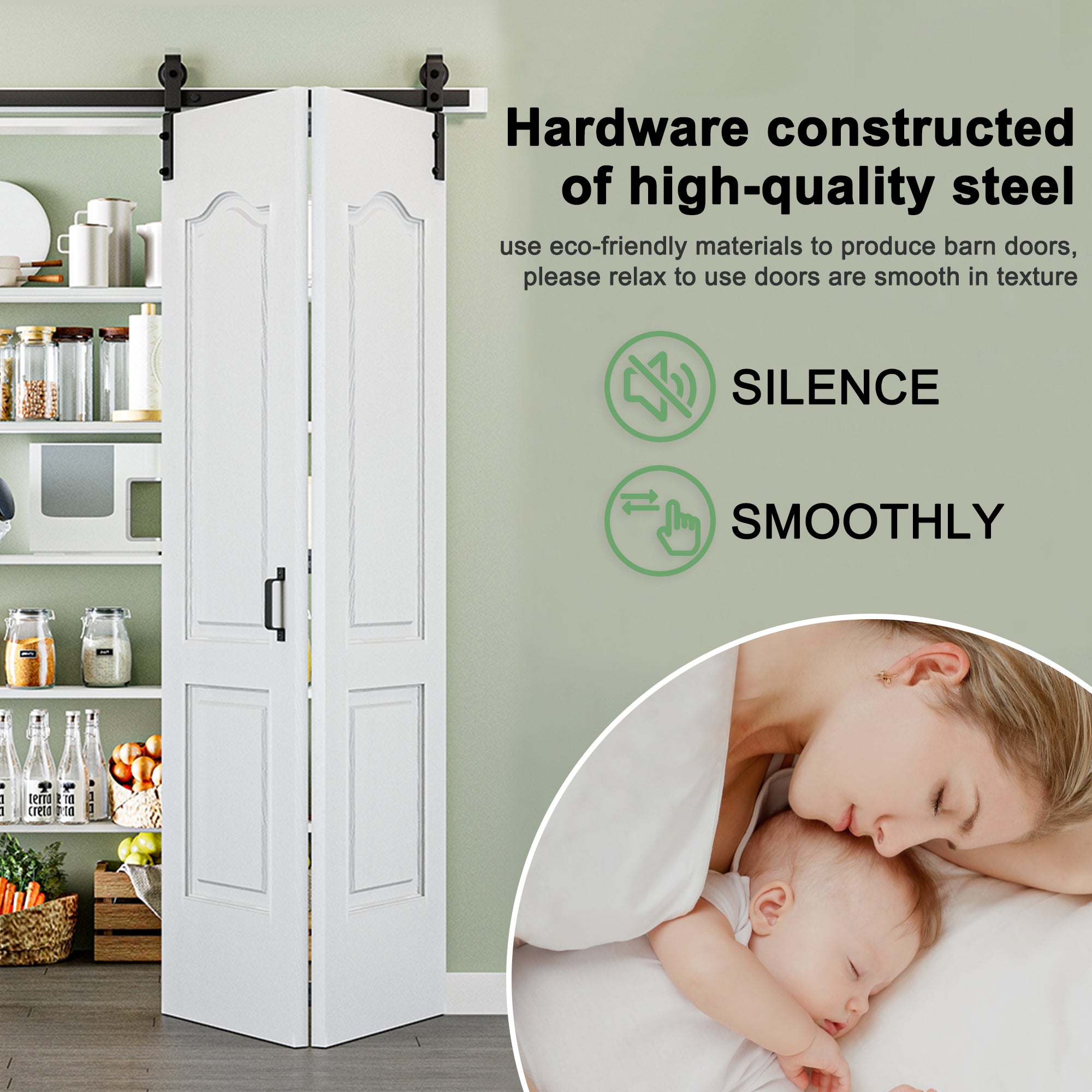 [Paintable] Hollow Paneled 2-Lite Arch White Primed MDF Composite Bi-fold Sliding Barn Door with Hardware Kit and Handle
