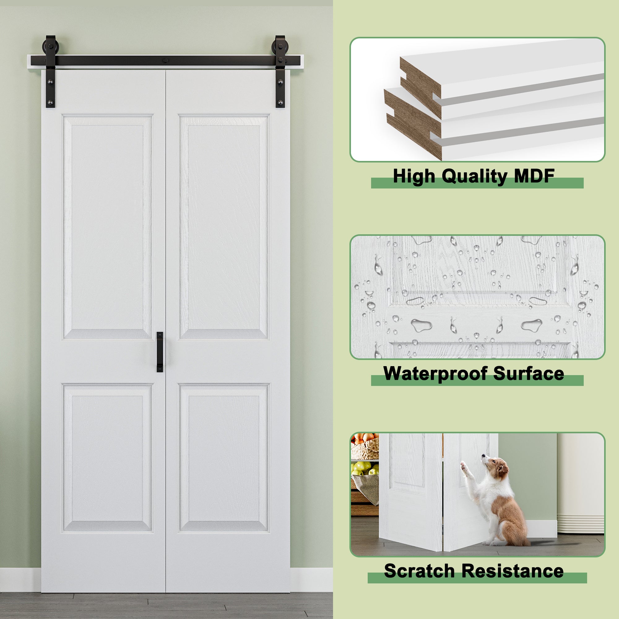 [Paintable] Hollow Paneled 4-Lite White Primed MDF Composite Bi-fold Sliding Barn Door with Hardware Kit and Handle