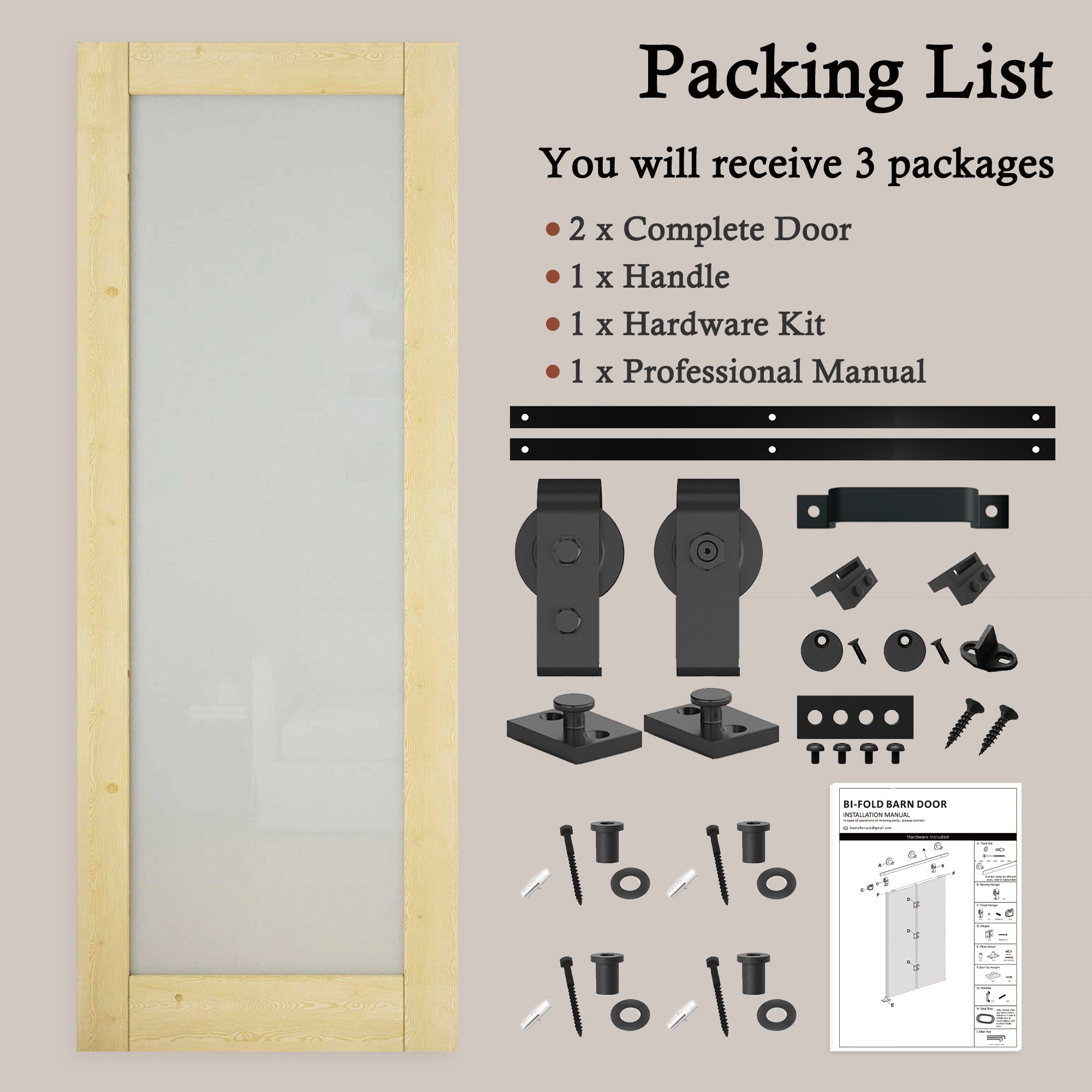 [Paintable] Frosted Glass Bifold Barn Door Pine Wood, Unfinished & Paintable Surface, with Hardware Kit & Handle & Floor Guide