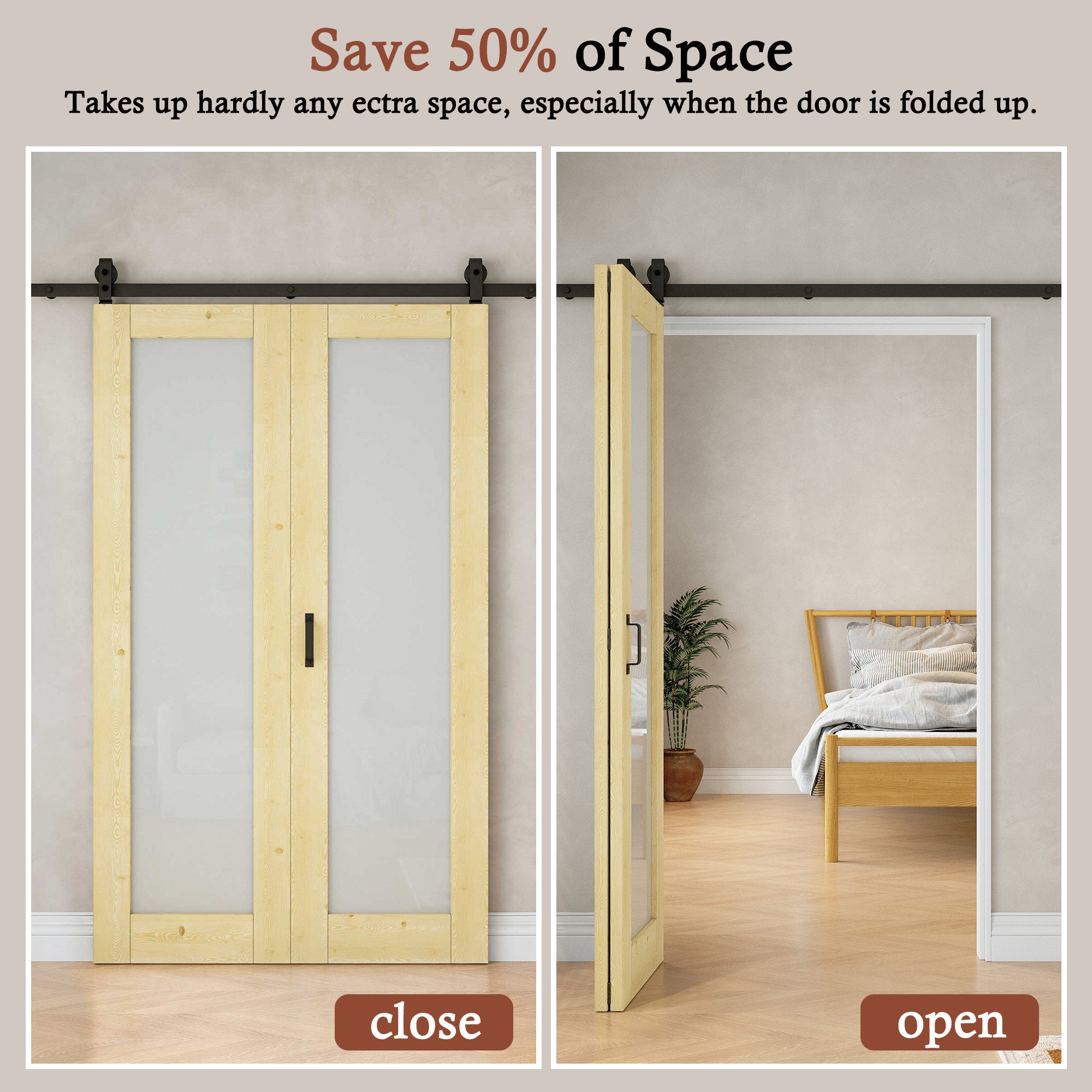 [Paintable] Frosted Glass Bifold Barn Door Pine Wood, Unfinished & Paintable Surface, with Hardware Kit & Handle & Floor Guide
