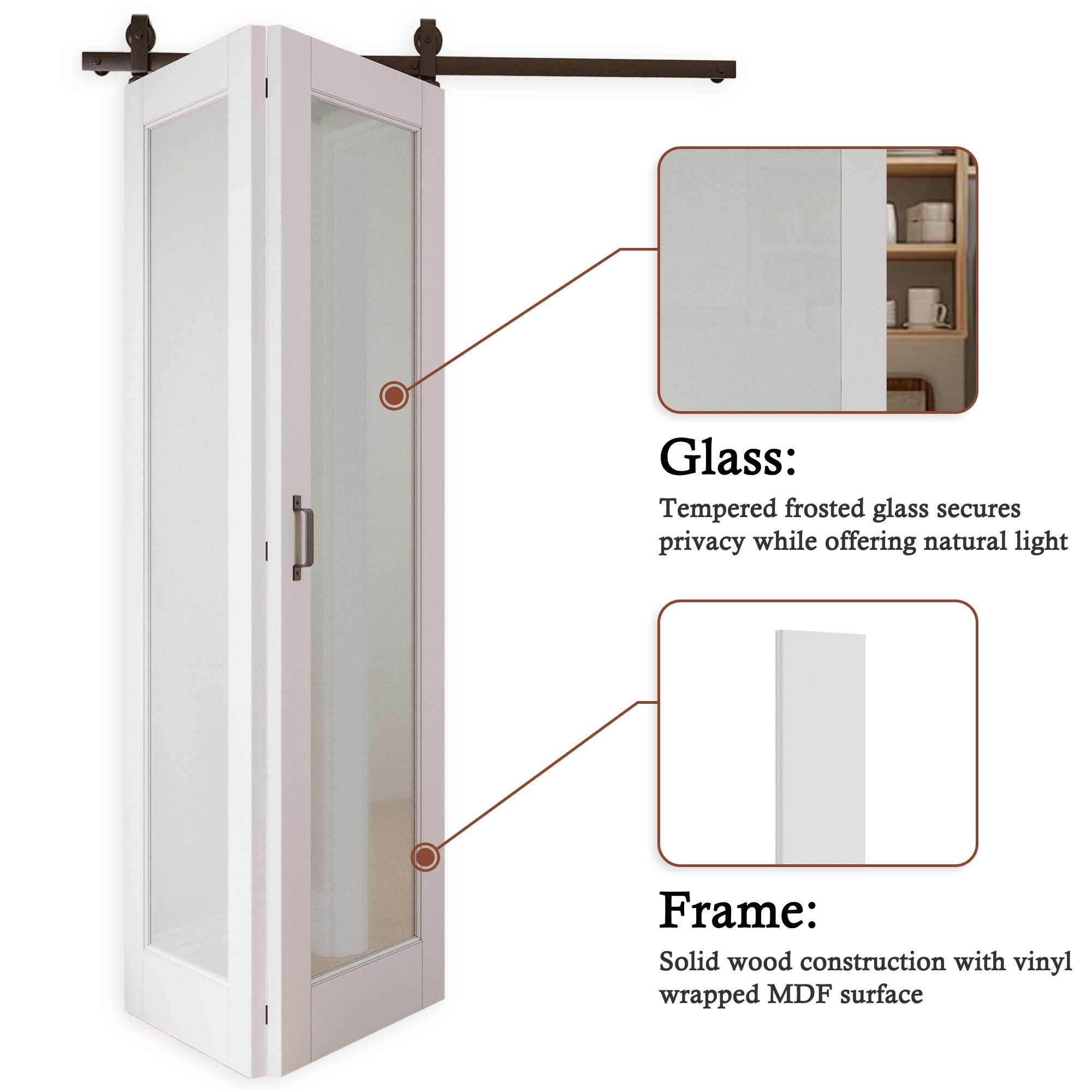 [Paintable] Tempered Frosted Glass Bifold Sliding Barn Door, Prefinished & Paintable Surface with Hardware Kit