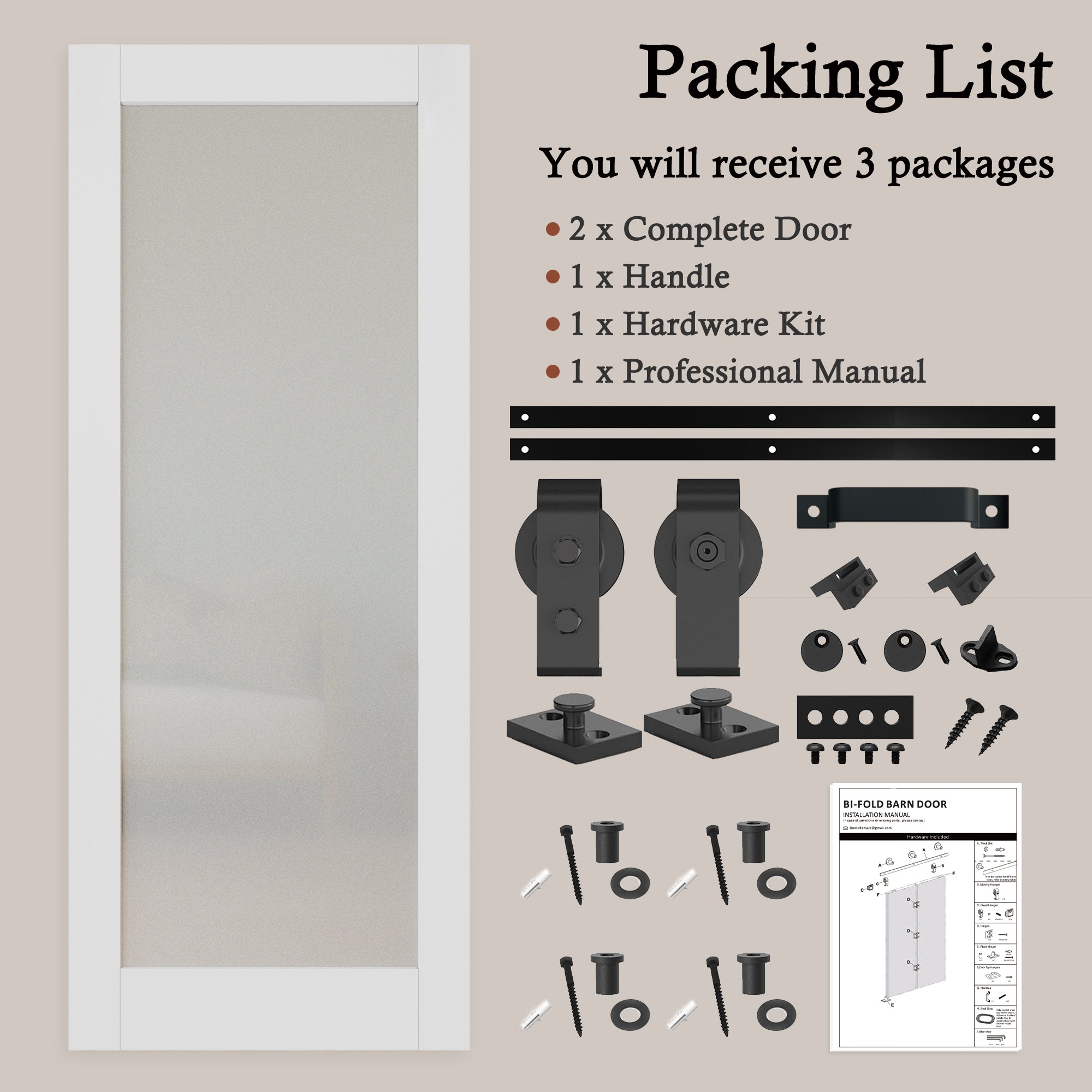 [Paintable] Tempered Frosted Glass Bifold Sliding Barn Door, Prefinished & Paintable Surface with Hardware Kit