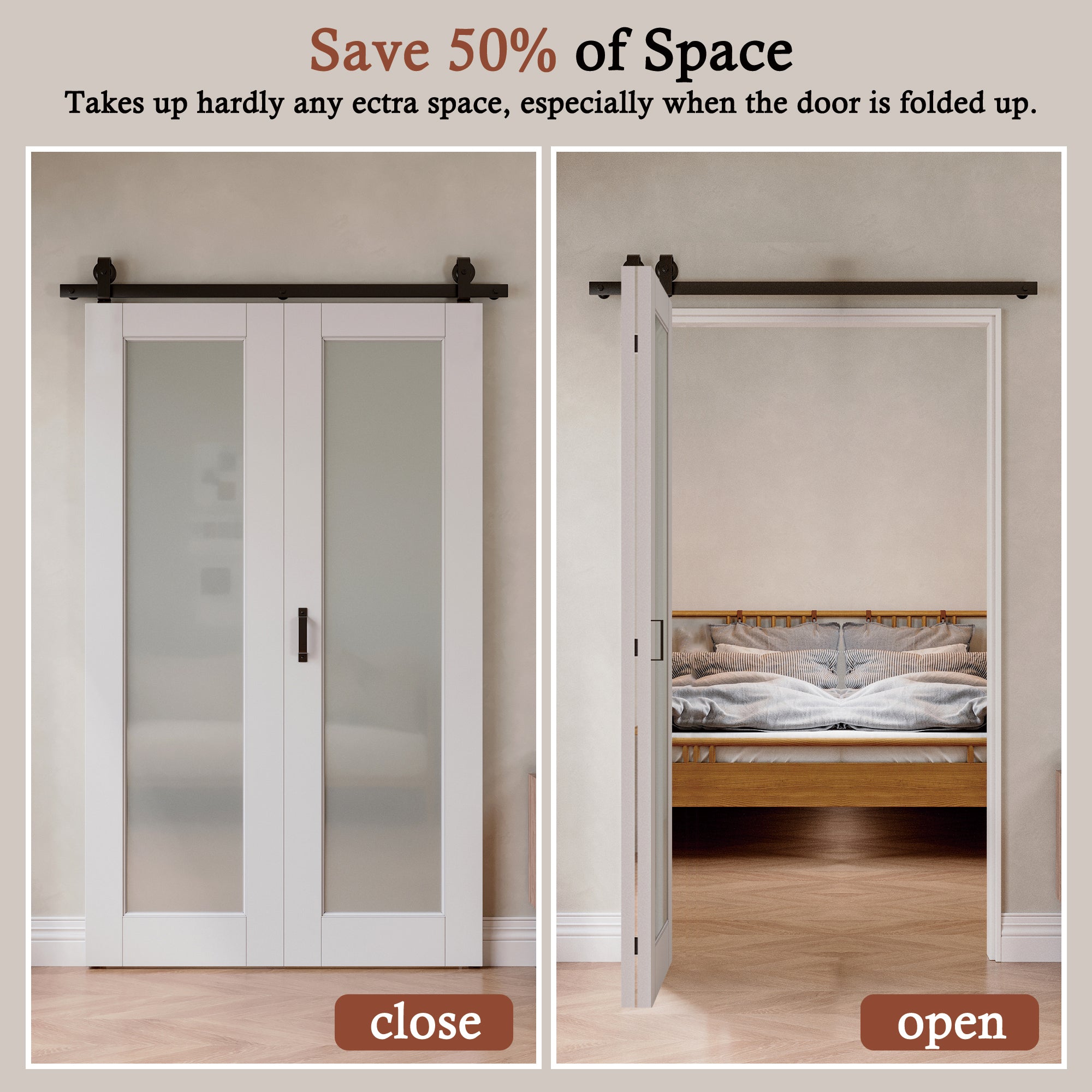 [Paintable] Tempered Frosted Glass Bifold Sliding Barn Door, Prefinished & Paintable Surface with Hardware Kit