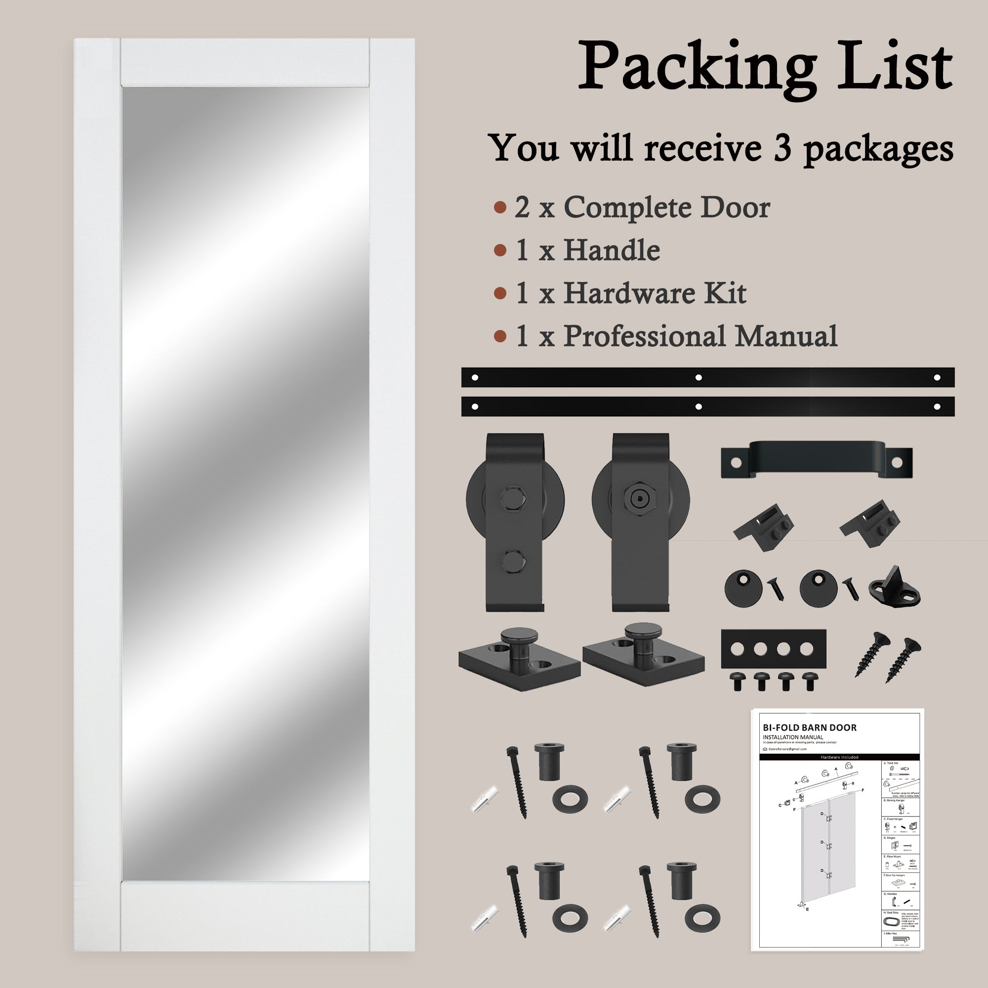 [Paintable] Mirror Bifold Sliding Barn Door, Prefinished & Paintable Surface with Hardware Kit