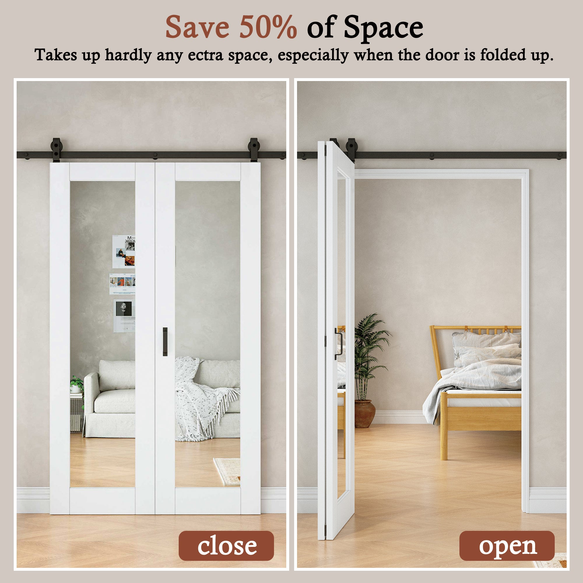 [Paintable] Mirror Bifold Sliding Barn Door, Prefinished & Paintable Surface with Hardware Kit