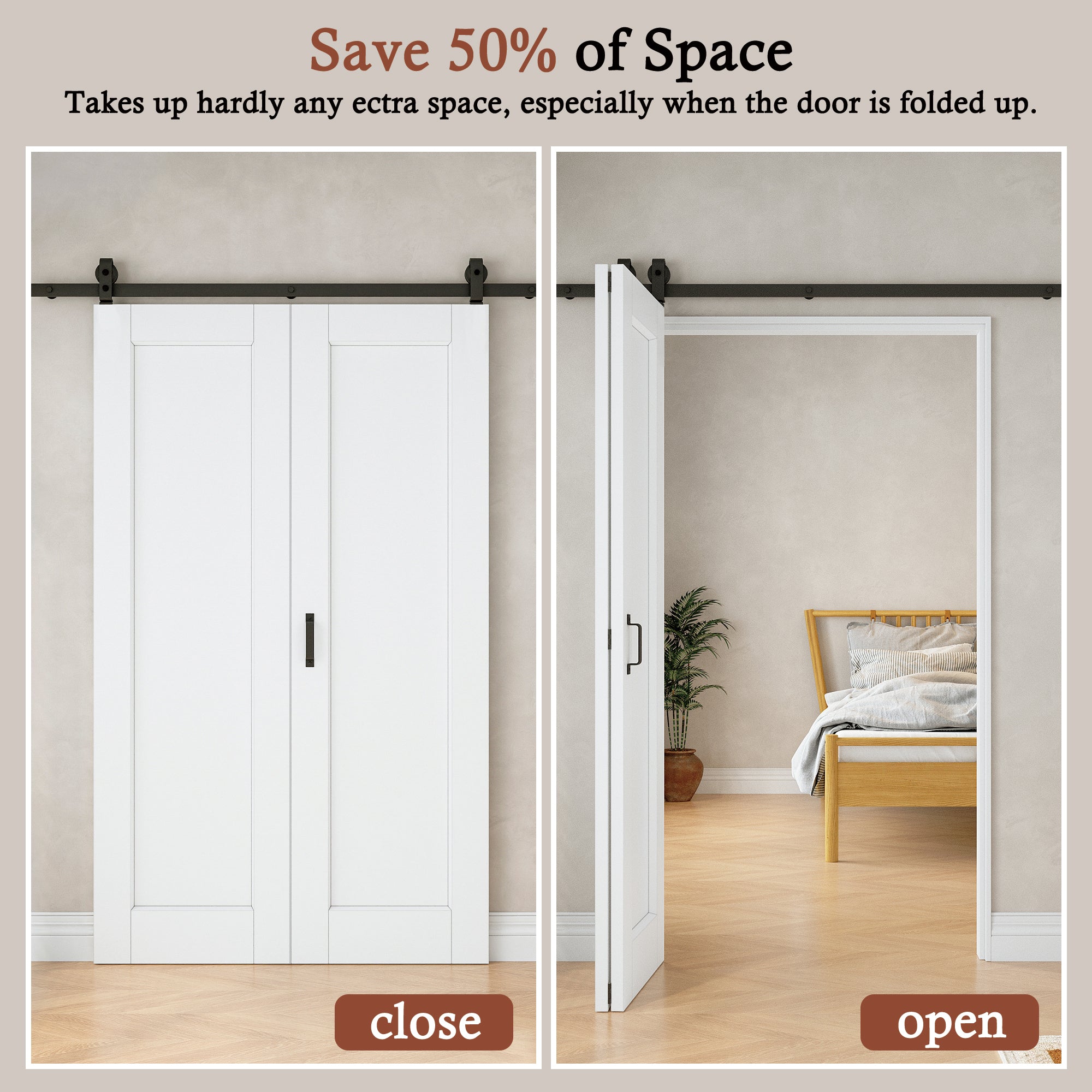 [Paintable] 2-Lite Panel Bifold Barn Door MDF Wood, Prefinished & Paintable Surface, with Hardware Kit & Handle & Floor Guide, White