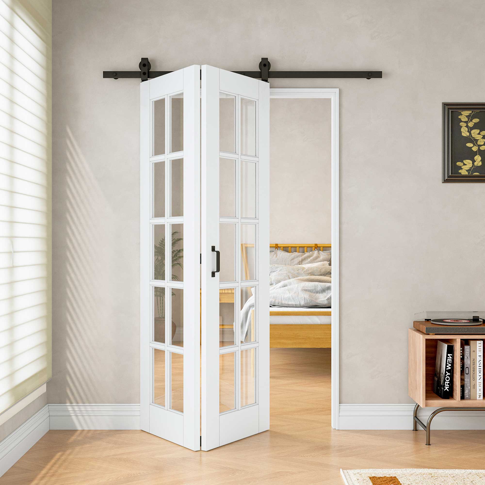 [Paintable] 10-Lite Tempered Clear Glass Bifold Sliding Barn Door, Prefinished & Paintable Surface with Hardware Kit