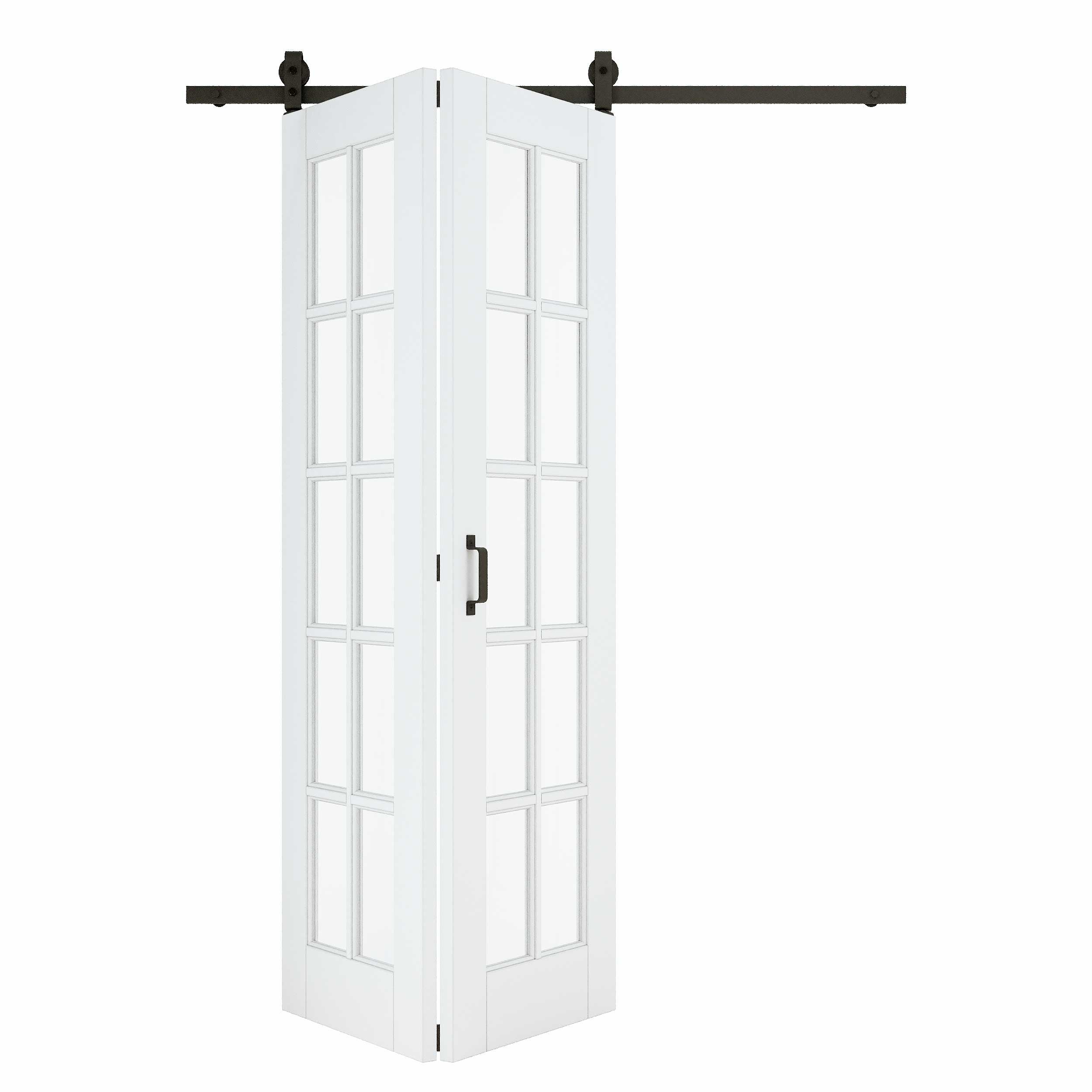[Paintable] 10-Lite Tempered Clear Glass Bifold Sliding Barn Door, Prefinished & Paintable Surface with Hardware Kit