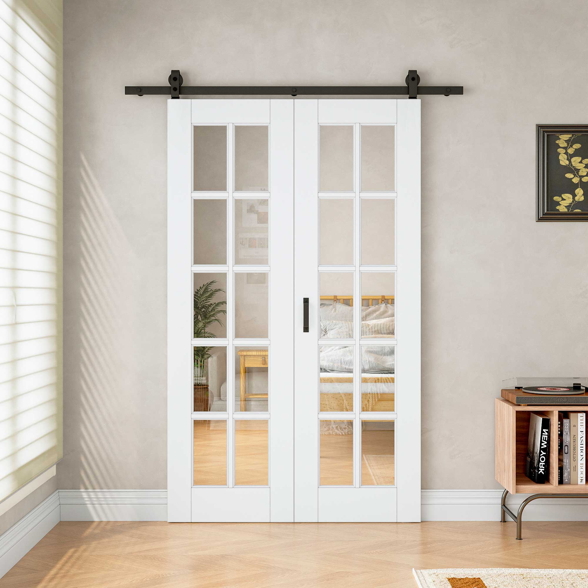 [Paintable] 10-Lite Tempered Clear Glass Bifold Sliding Barn Door, Prefinished & Paintable Surface with Hardware Kit