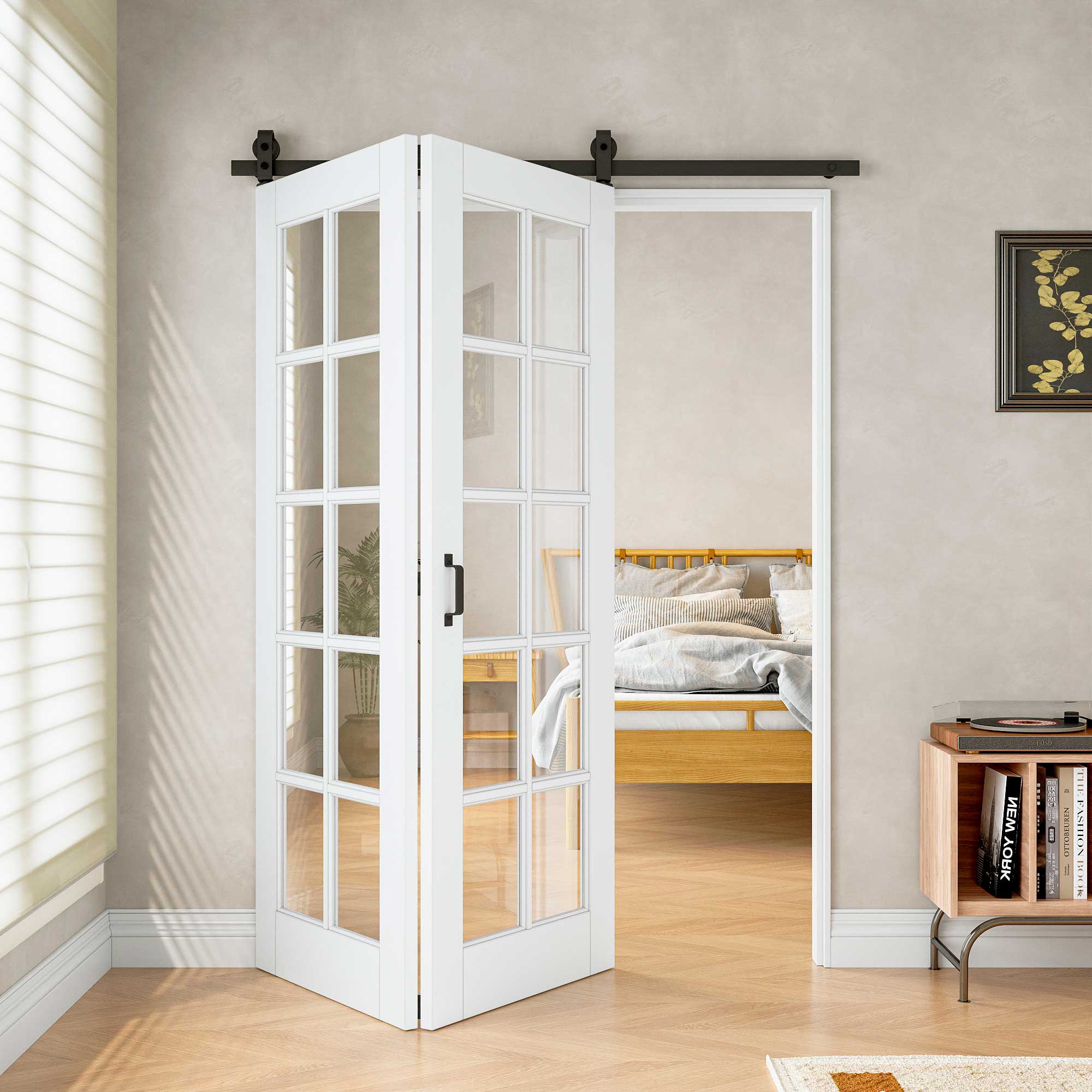 [Paintable] 10-Lite Tempered Clear Glass Bifold Sliding Barn Door, Prefinished & Paintable Surface with Hardware Kit