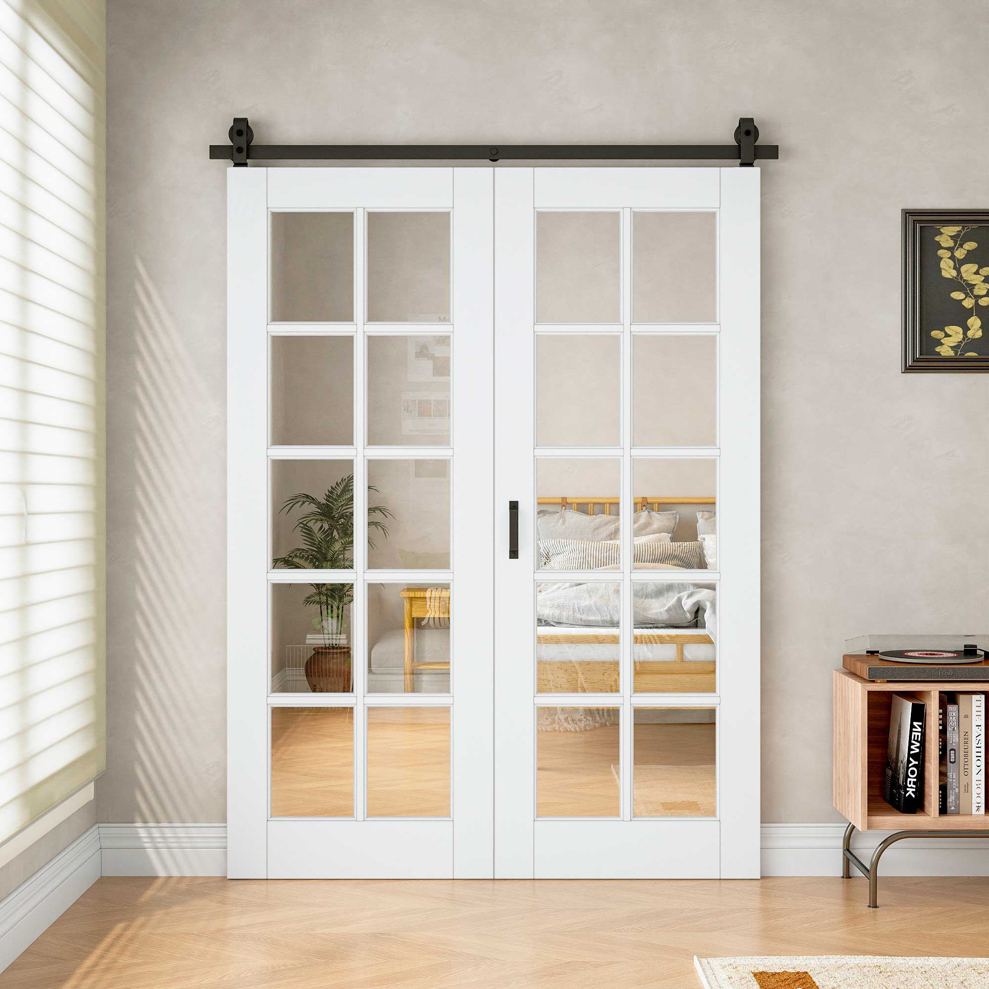 [Paintable] 10-Lite Tempered Clear Glass Bifold Sliding Barn Door, Prefinished & Paintable Surface with Hardware Kit