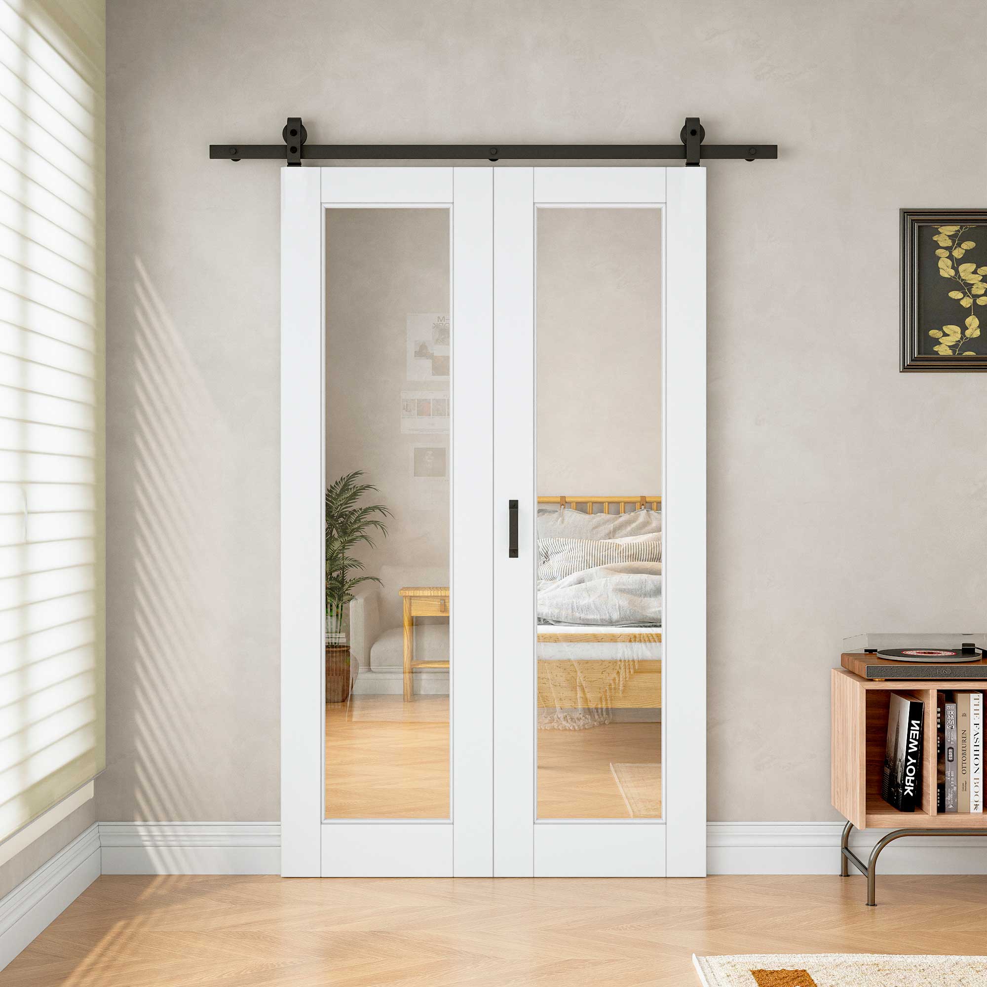 [Paintable] Tempered Clear Glass Bifold Sliding Barn Door, Prefinished & Paintable Surface with Hardware Kit