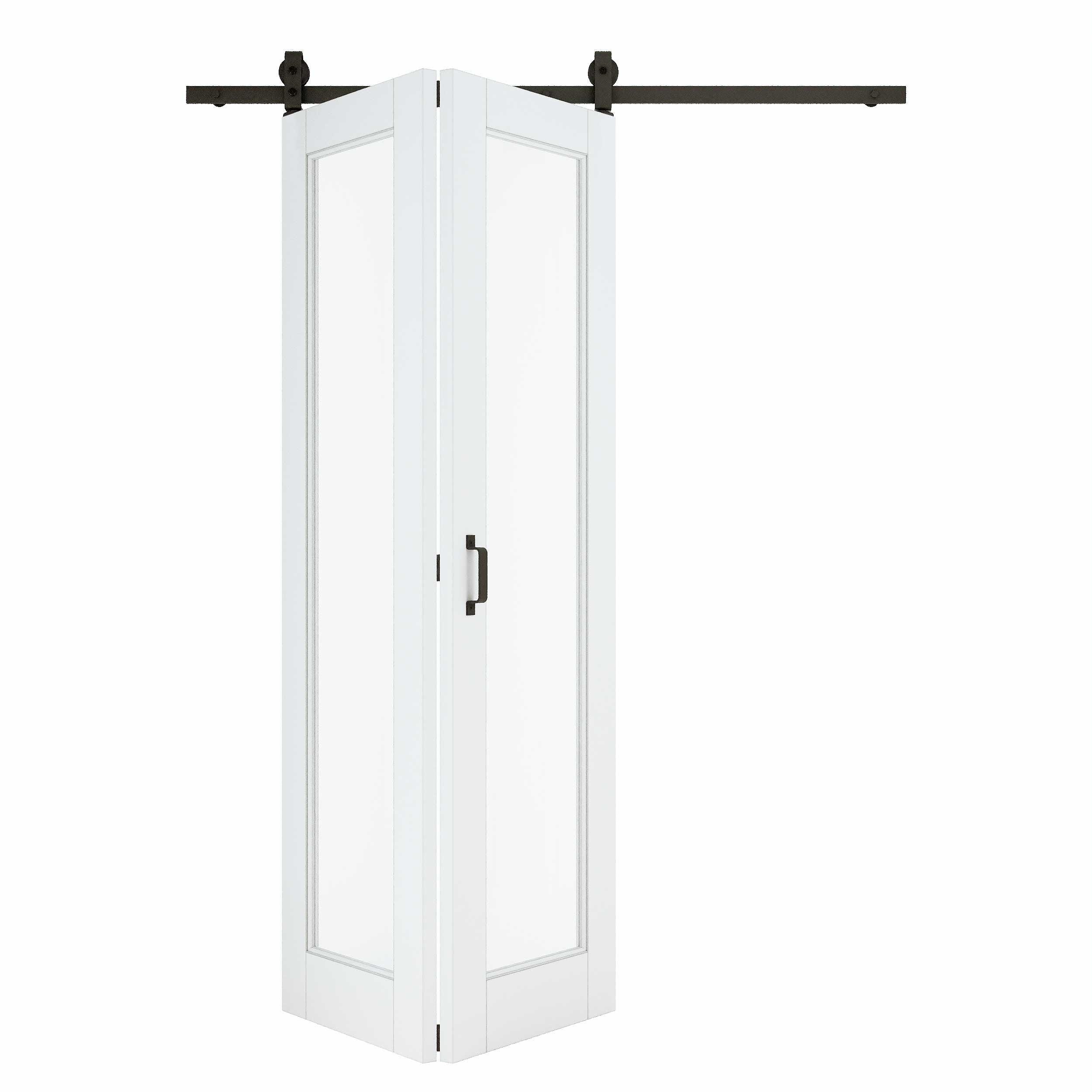 [Paintable] Tempered Clear Glass Bifold Sliding Barn Door, Prefinished & Paintable Surface with Hardware Kit