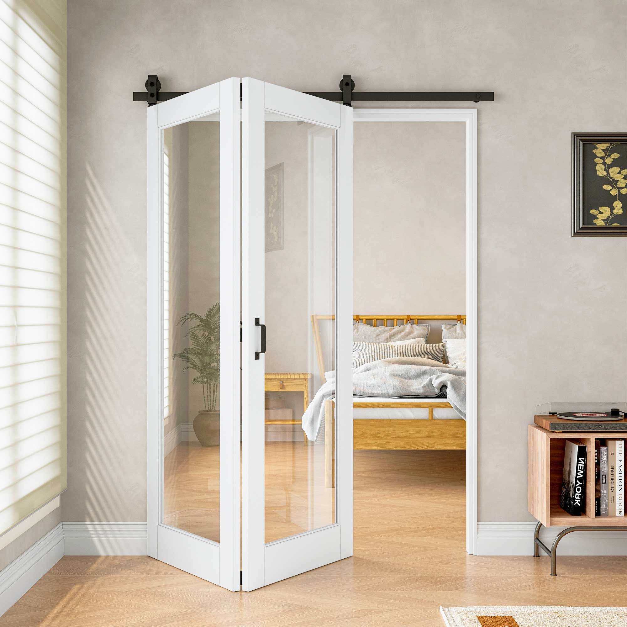 [Paintable] Tempered Clear Glass Bifold Sliding Barn Door, Prefinished & Paintable Surface with Hardware Kit