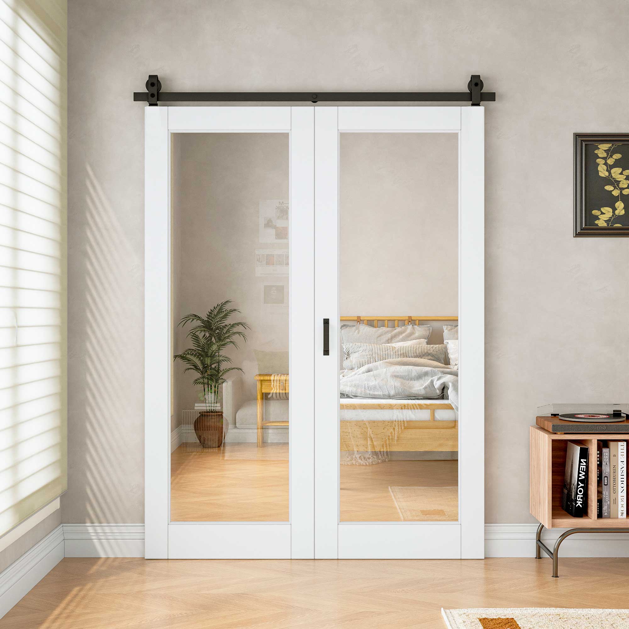 [Paintable] Tempered Clear Glass Bifold Sliding Barn Door, Prefinished & Paintable Surface with Hardware Kit