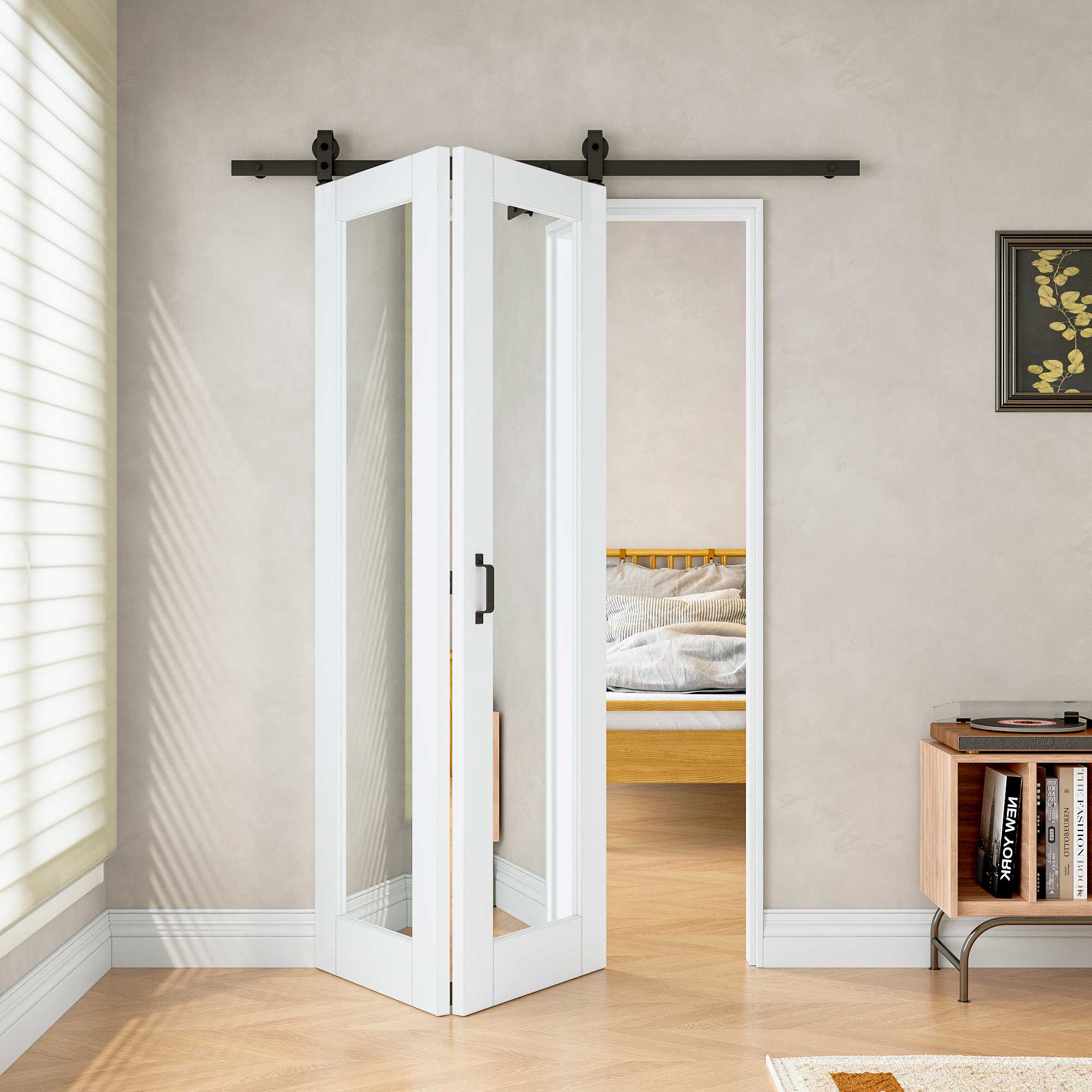 [Paintable] Mirror Bifold Sliding Barn Door, Prefinished & Paintable Surface with Hardware Kit
