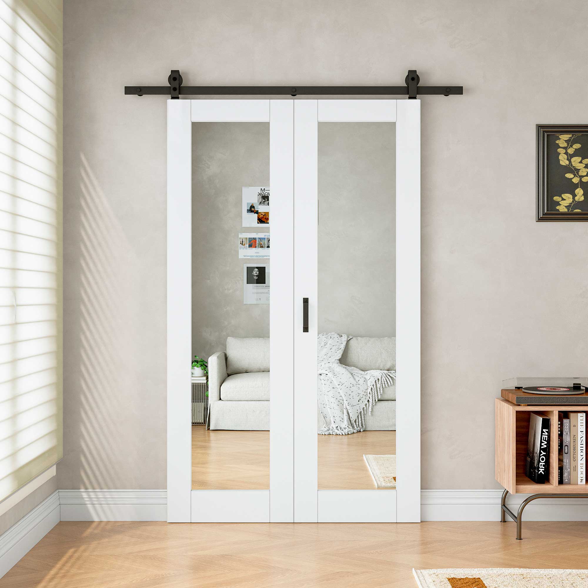 [Paintable] Mirror Bifold Sliding Barn Door, Prefinished & Paintable Surface with Hardware Kit