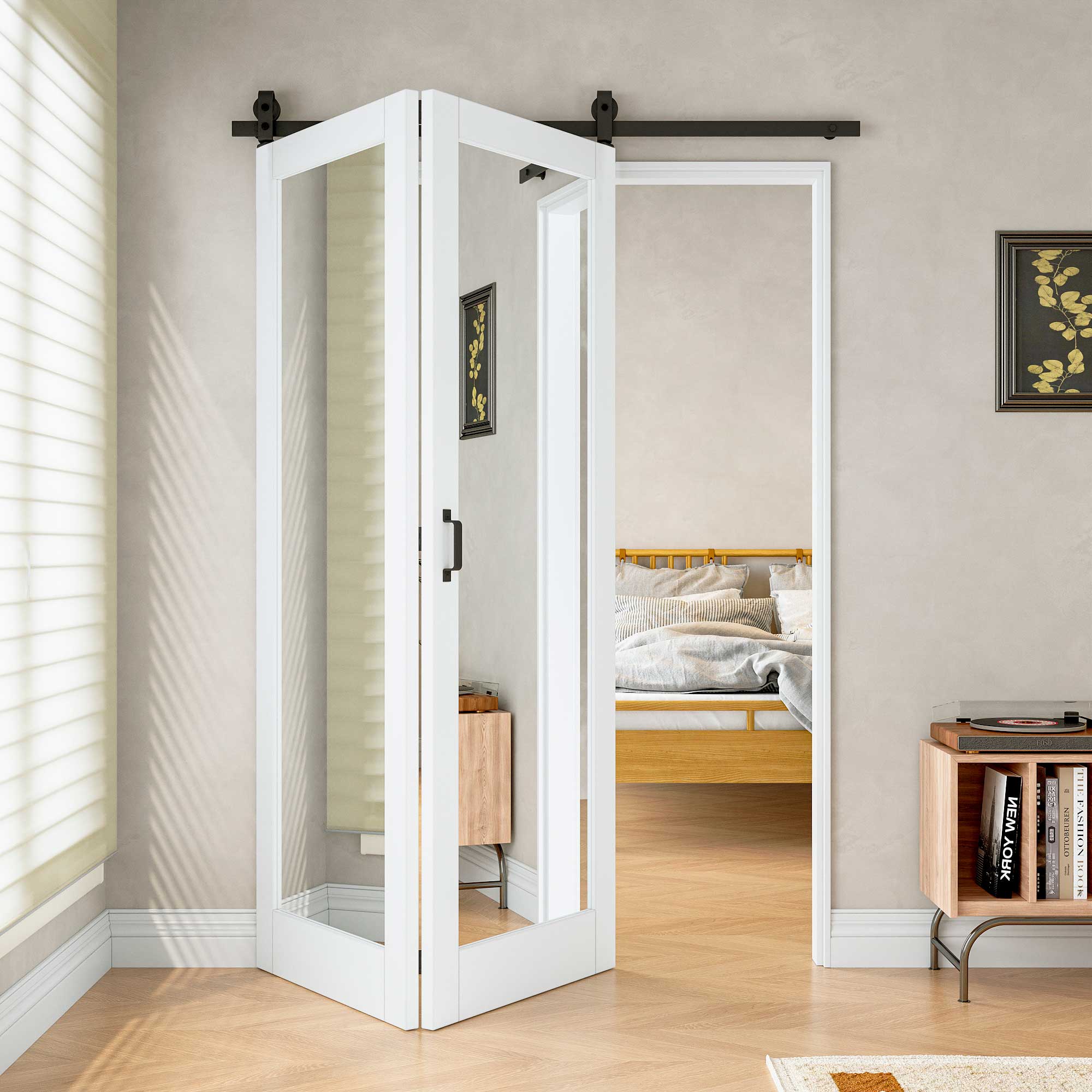 [Paintable] Mirror Bifold Sliding Barn Door, Prefinished & Paintable Surface with Hardware Kit