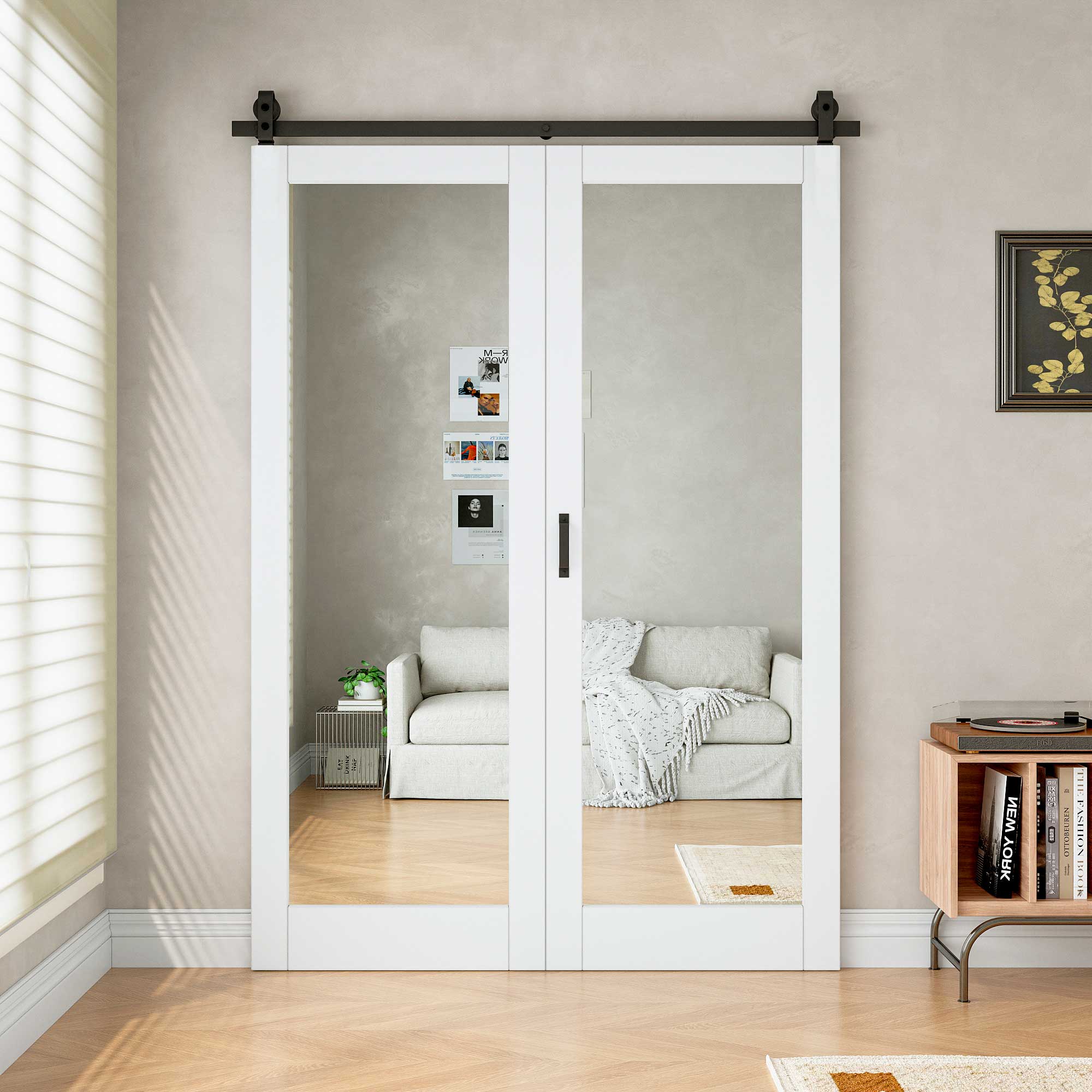 [Paintable] Mirror Bifold Sliding Barn Door, Prefinished & Paintable Surface with Hardware Kit