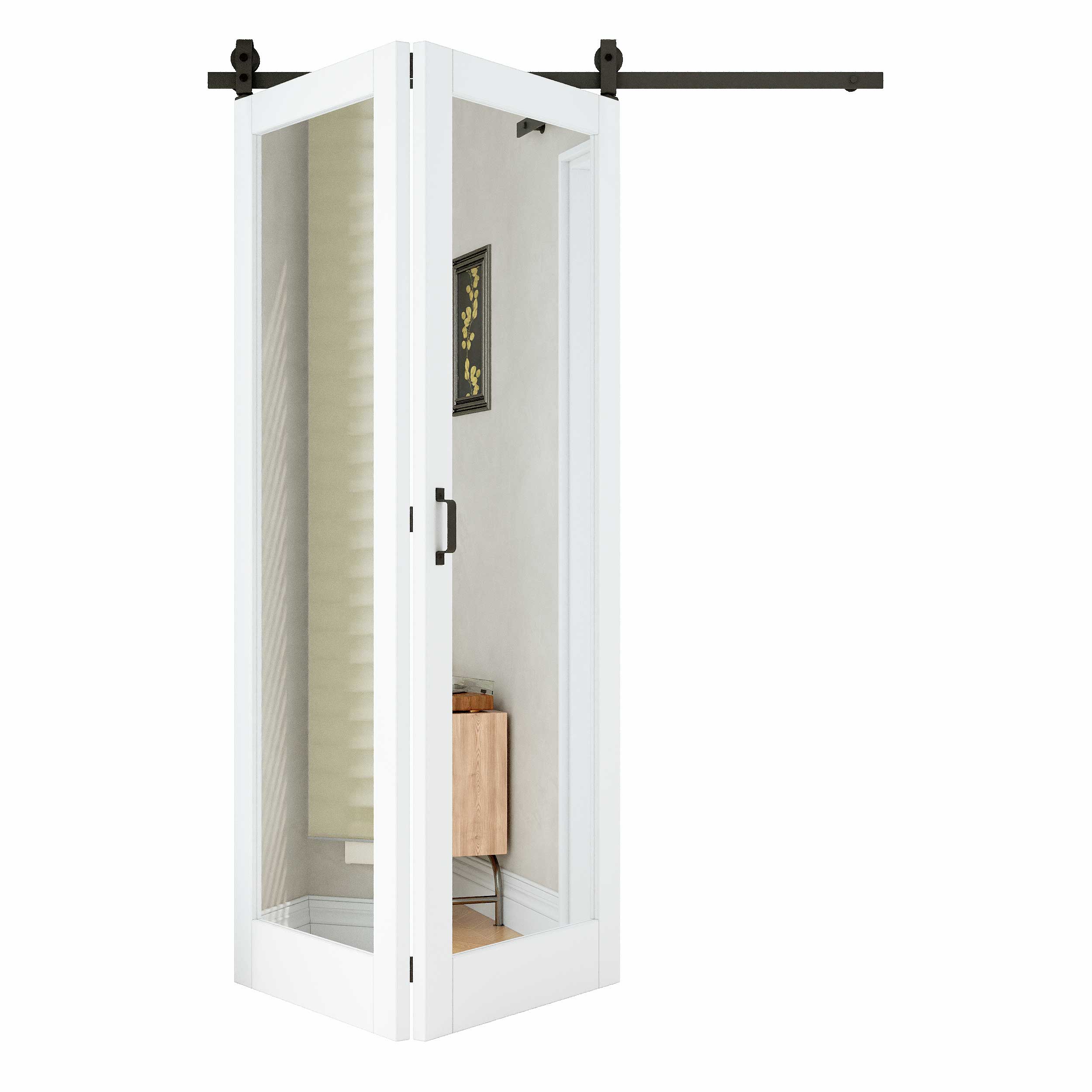 [Paintable] Mirror Bifold Sliding Barn Door, Prefinished & Paintable Surface with Hardware Kit