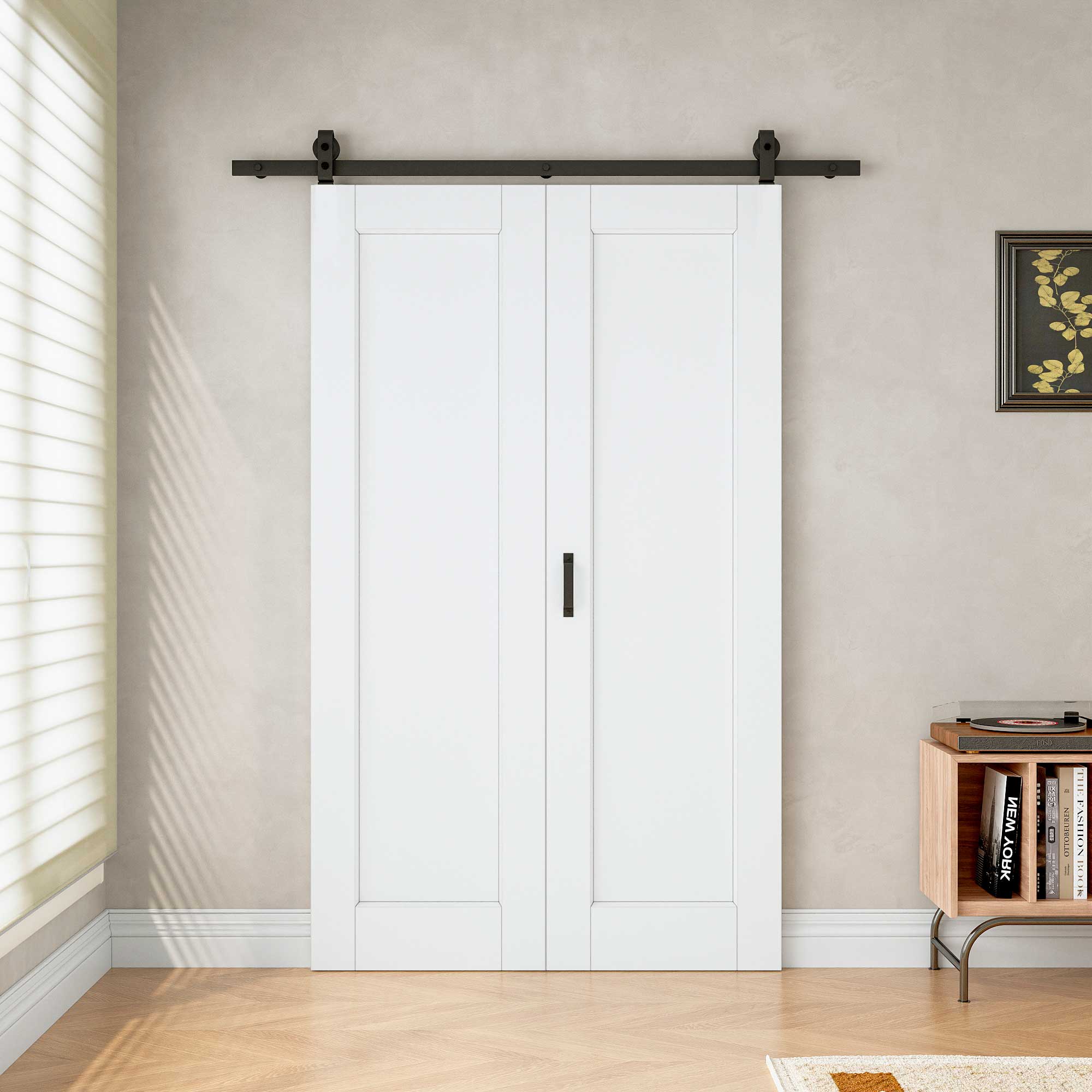 [Paintable] Panel Bifold Barn Door MDF Wood, Prefinished & Paintable Surface, with Hardware Kit & Handle & Floor Guide, White