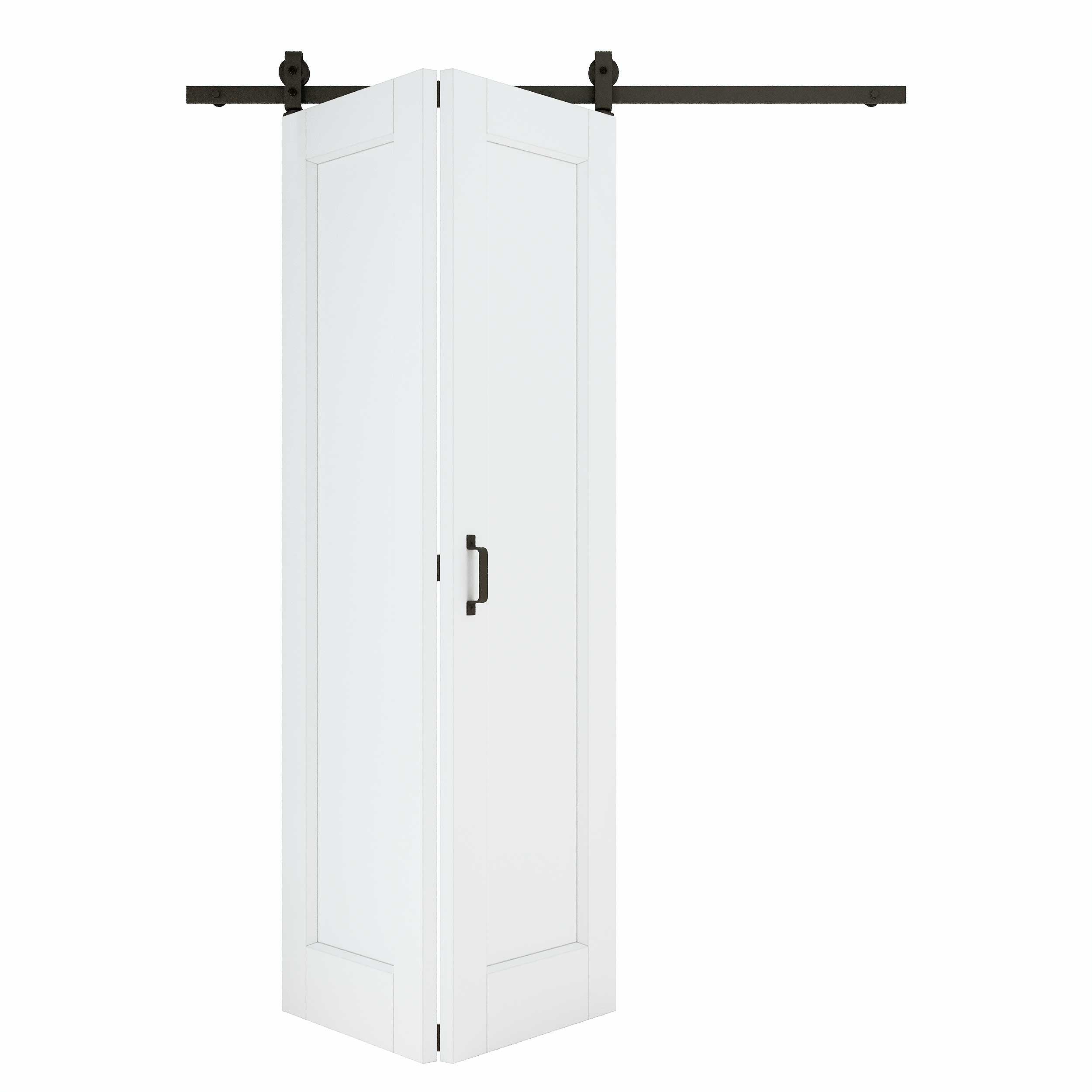 [Paintable] Panel Bifold Barn Door MDF Wood, Prefinished & Paintable Surface, with Hardware Kit & Handle & Floor Guide, White