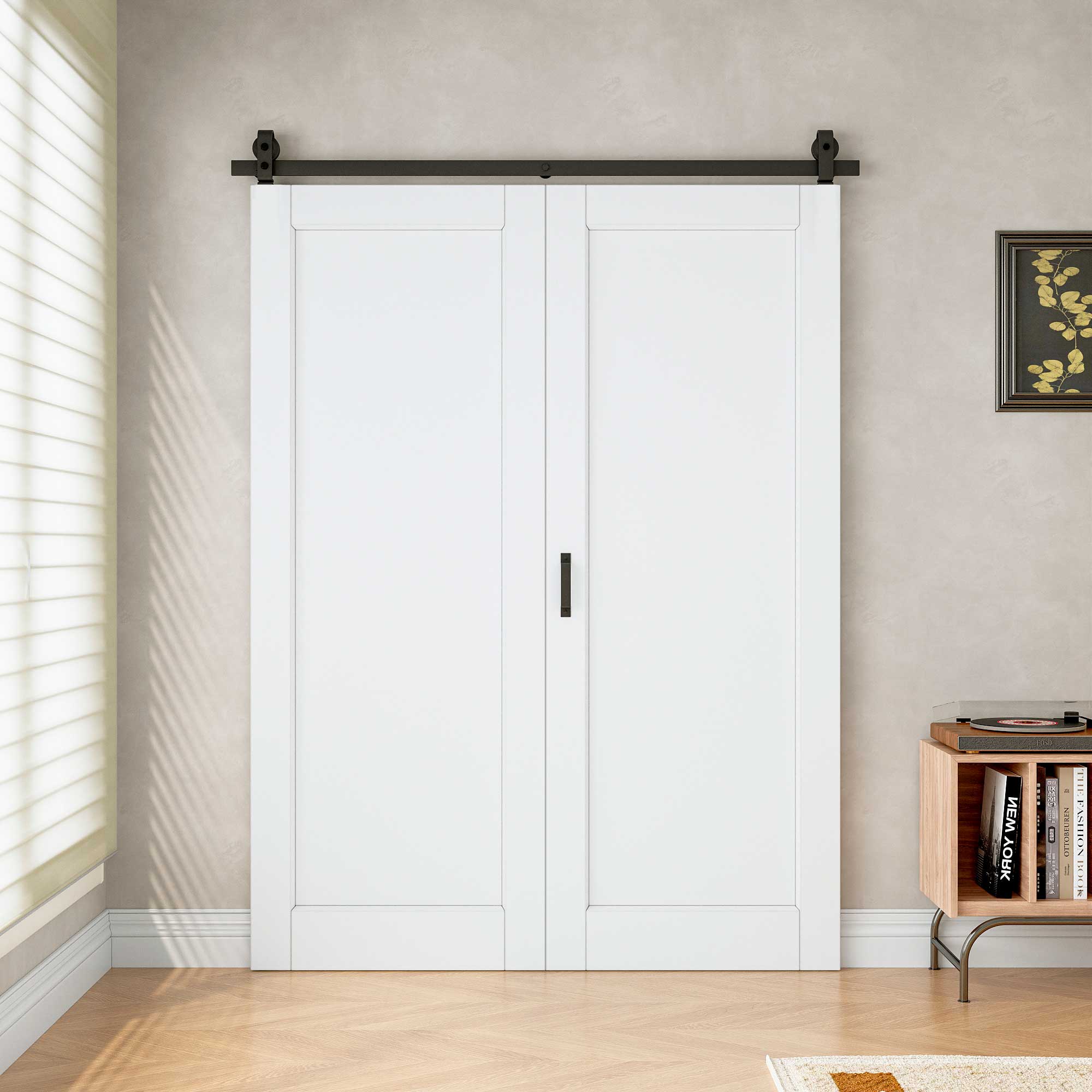[Paintable] Panel Bifold Barn Door MDF Wood, Prefinished & Paintable Surface, with Hardware Kit & Handle & Floor Guide, White