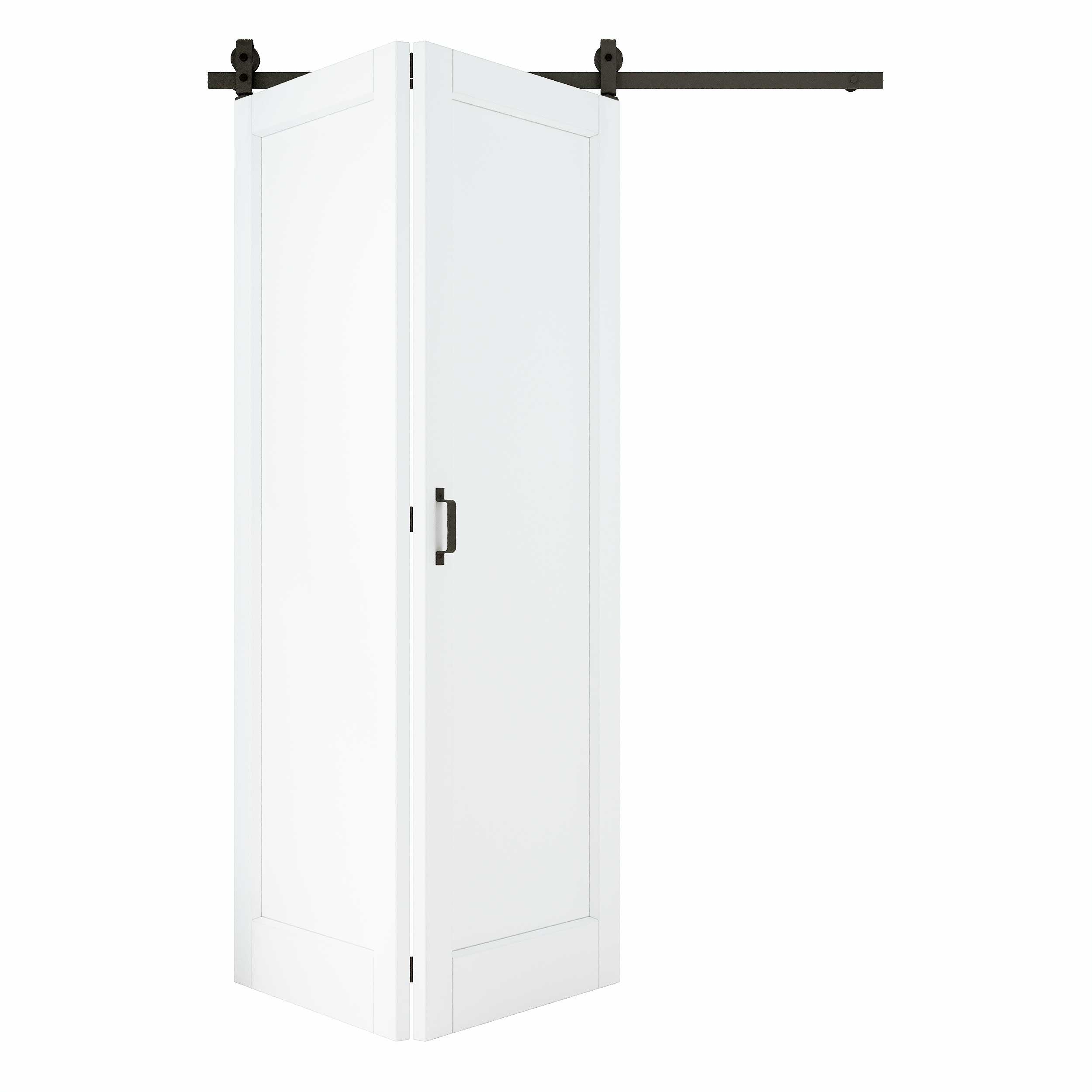 [Paintable] Panel Bifold Barn Door MDF Wood, Prefinished & Paintable Surface, with Hardware Kit & Handle & Floor Guide, White
