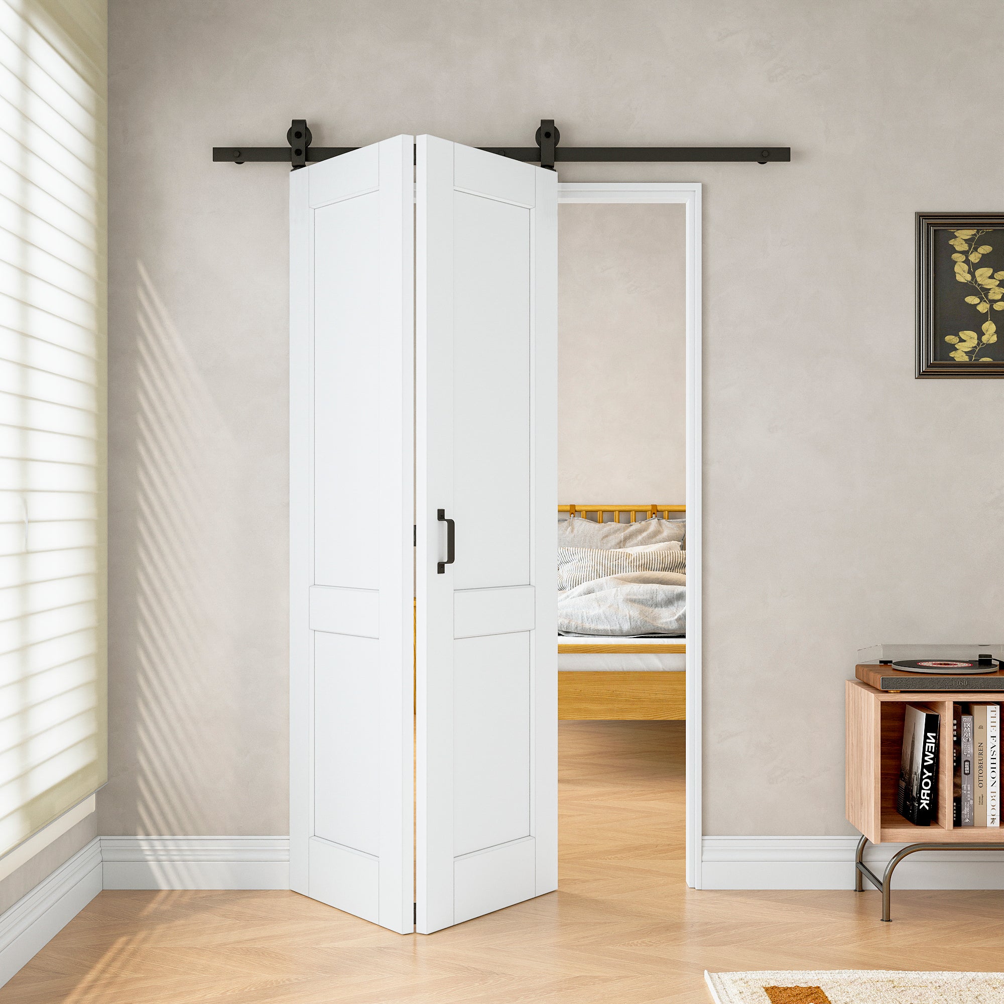 [Paintable] 2-Lite Panel Bifold Barn Door MDF Wood, Prefinished & Paintable Surface, with Hardware Kit & Handle & Floor Guide, White