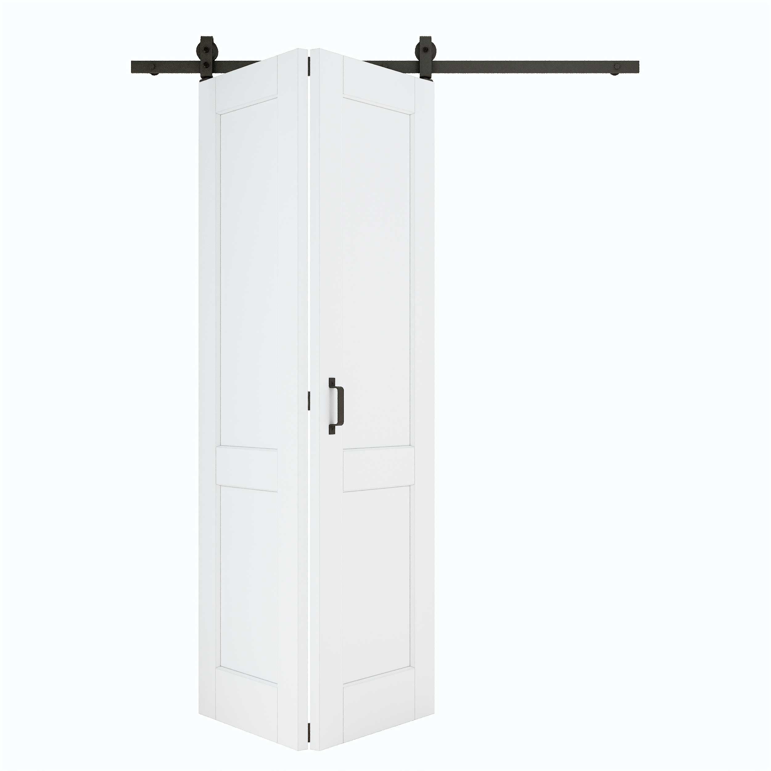 [Paintable] 2-Lite Panel Bifold Barn Door MDF Wood, Prefinished & Paintable Surface, with Hardware Kit & Handle & Floor Guide, White