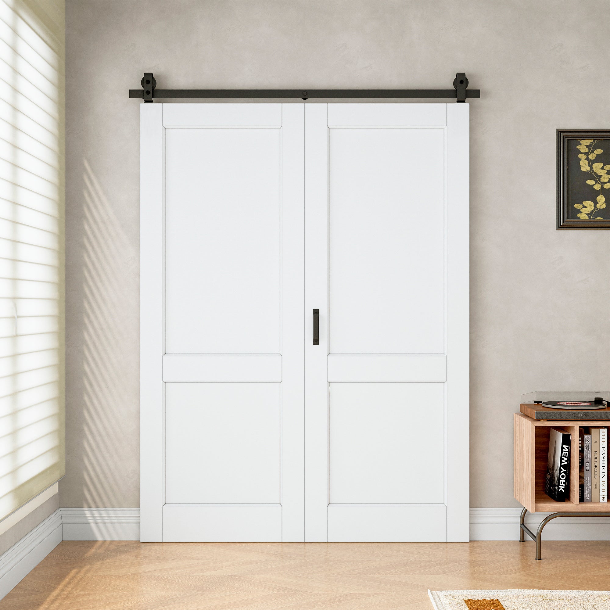 [Paintable] 2-Lite Panel Bifold Barn Door MDF Wood, Prefinished & Paintable Surface, with Hardware Kit & Handle & Floor Guide, White