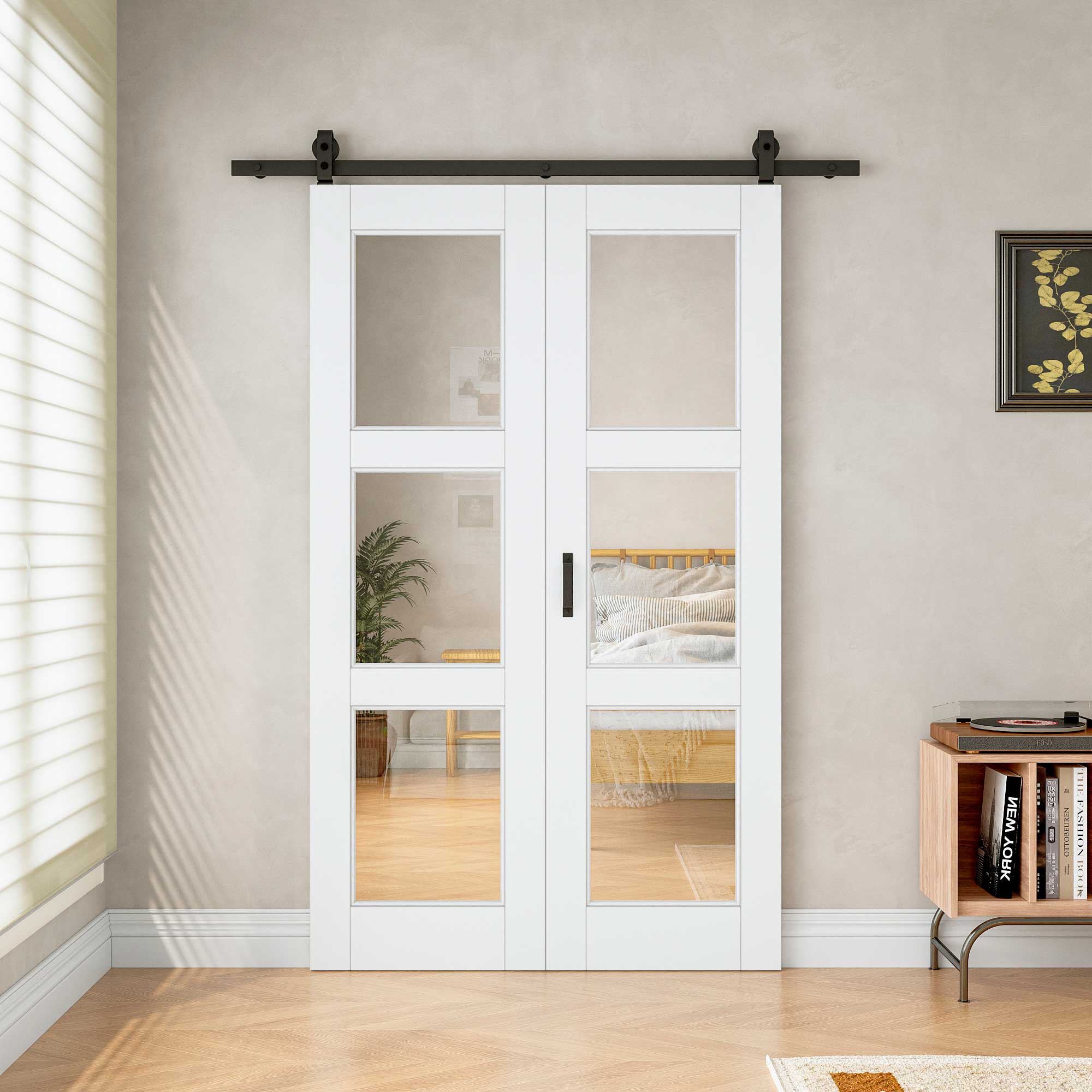 [Paintable] 3-Lite Tempered Clear Glass Bifold Sliding Barn Door, Prefinished & Paintable Surface with Hardware Kit