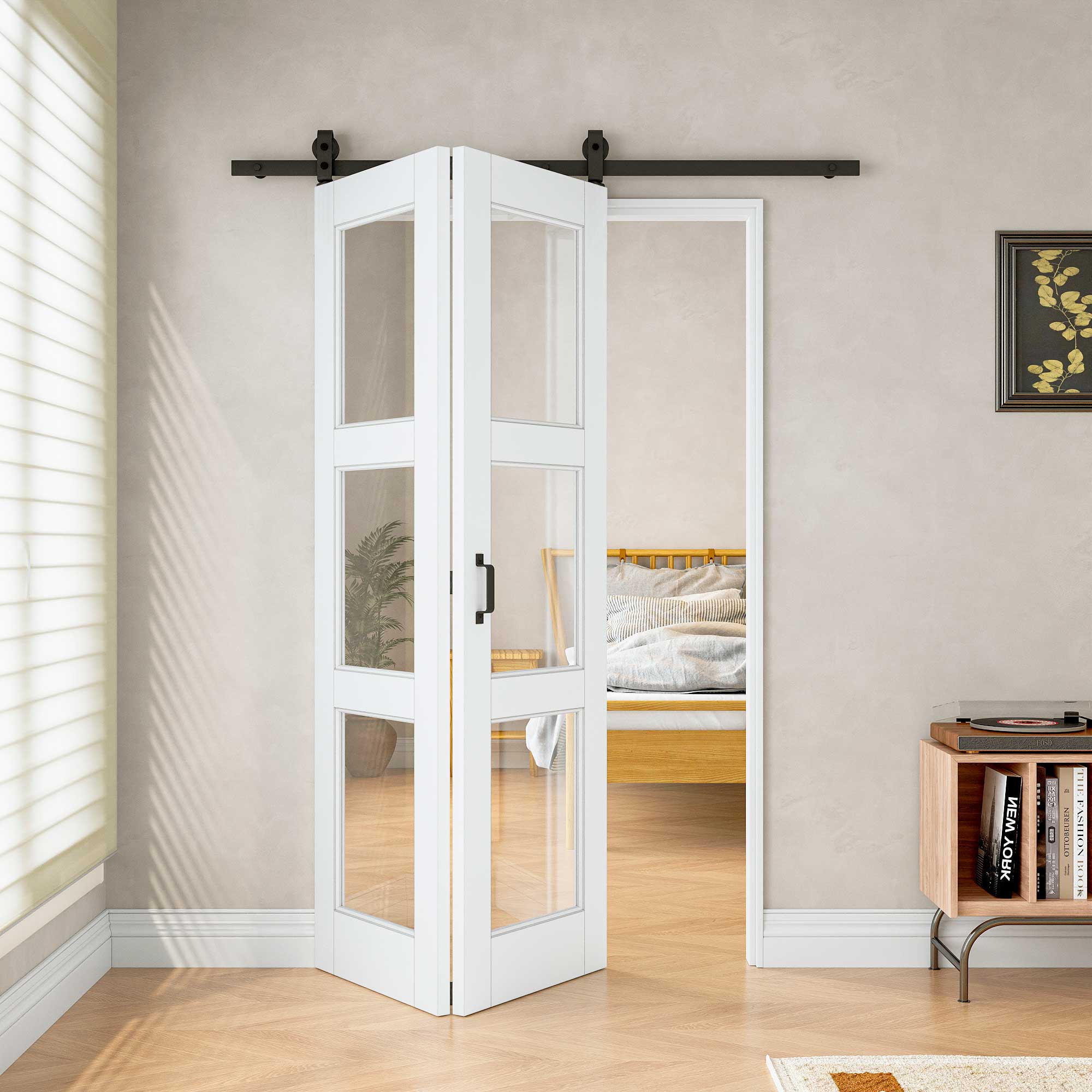 [Paintable] 3-Lite Tempered Clear Glass Bifold Sliding Barn Door, Prefinished & Paintable Surface with Hardware Kit