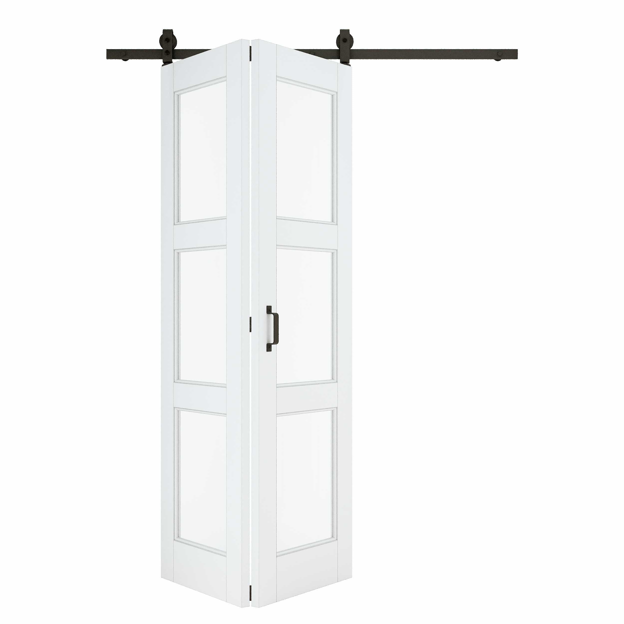 [Paintable] 3-Lite Tempered Clear Glass Bifold Sliding Barn Door, Prefinished & Paintable Surface with Hardware Kit