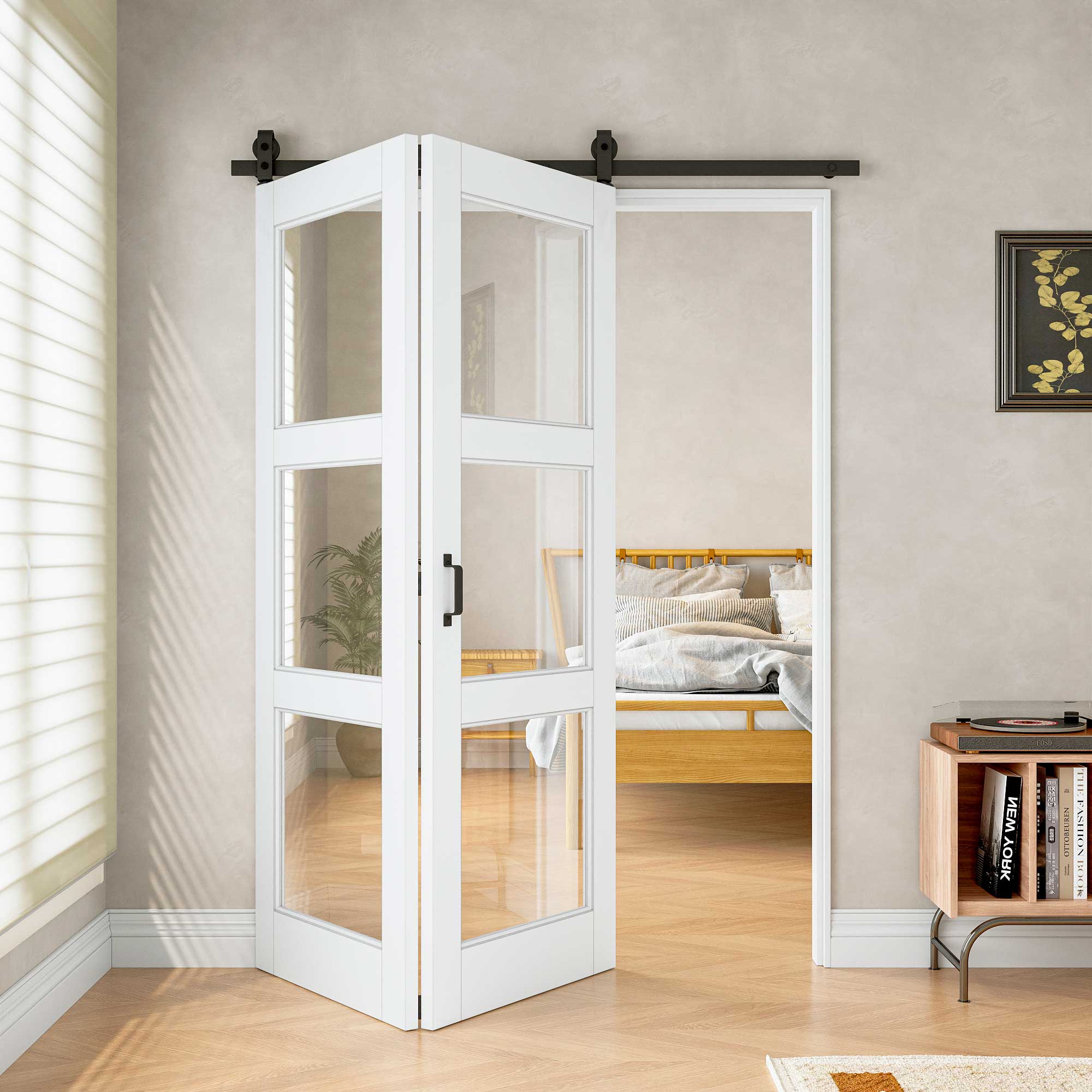 [Paintable] 3-Lite Tempered Clear Glass Bifold Sliding Barn Door, Prefinished & Paintable Surface with Hardware Kit