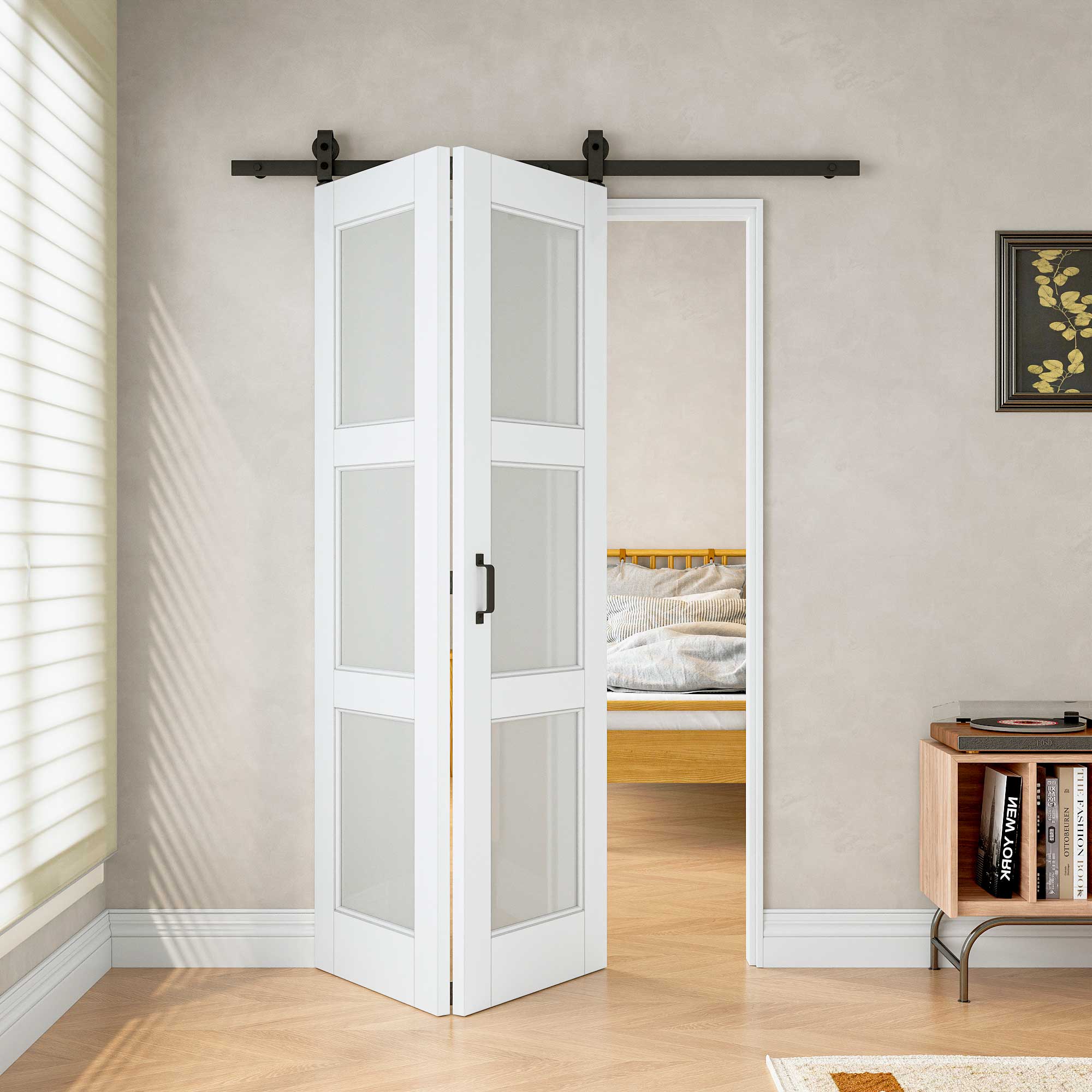 [Paintable] 3-Lite Frosted Glass Bifold Barn Door MDF Wood, Prefinished & Paintable Surface, with Hardware Kit & Handle & Floor Guide, White