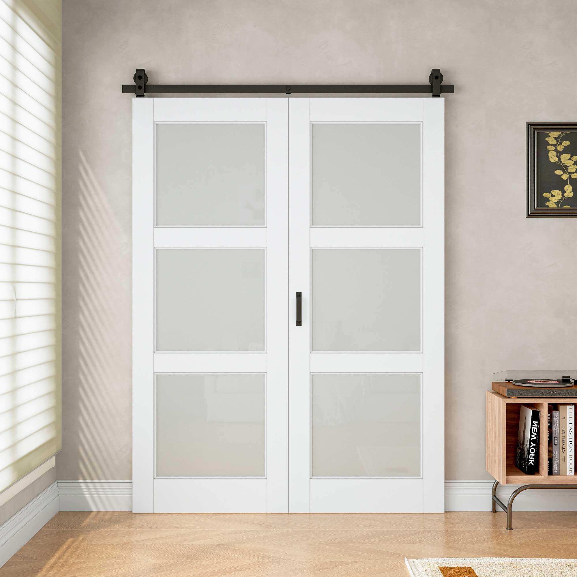 [Paintable] 3-Lite Frosted Glass Bifold Barn Door MDF Wood, Prefinished & Paintable Surface, with Hardware Kit & Handle & Floor Guide, White