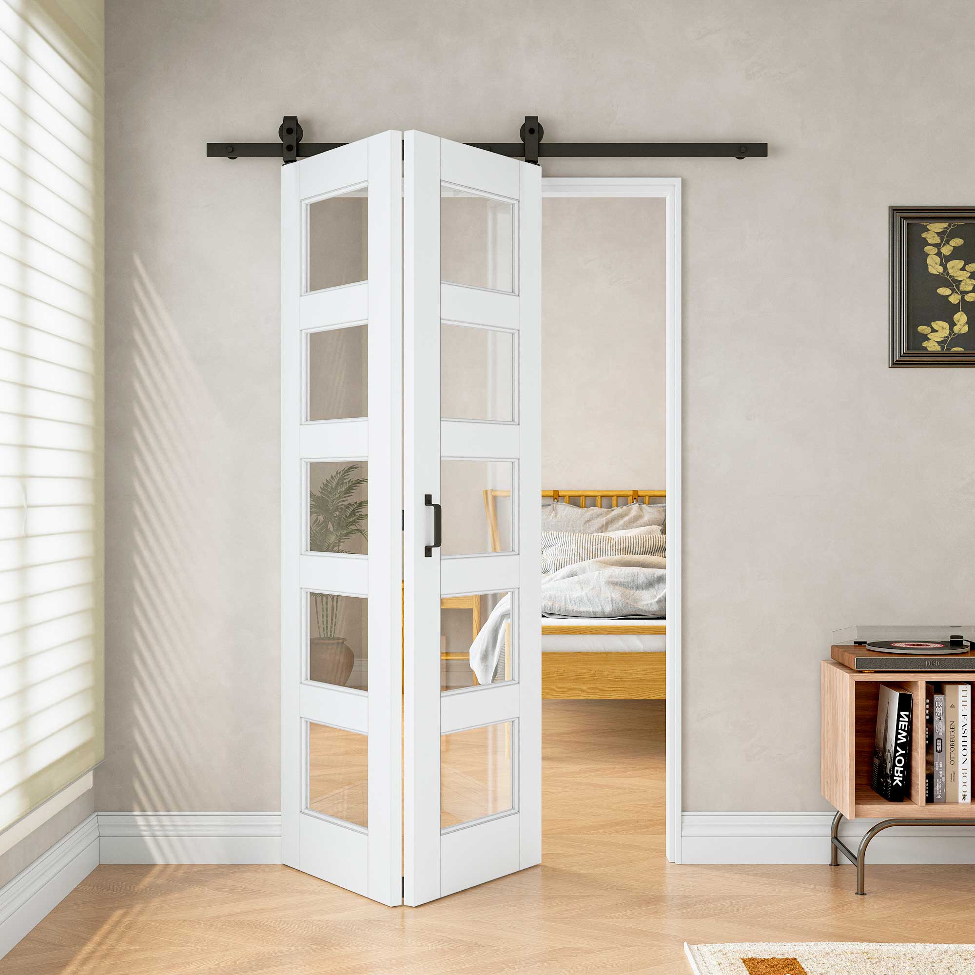 [Paintable] 5-Lite Tempered Clear Glass Bifold Sliding Barn Door, Prefinished & Paintable Surface with Hardware Kit
