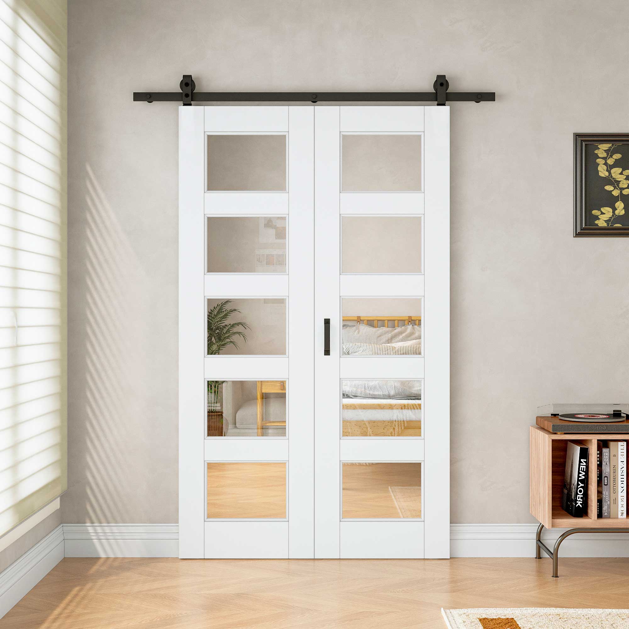 [Paintable] 5-Lite Tempered Clear Glass Bifold Sliding Barn Door, Prefinished & Paintable Surface with Hardware Kit