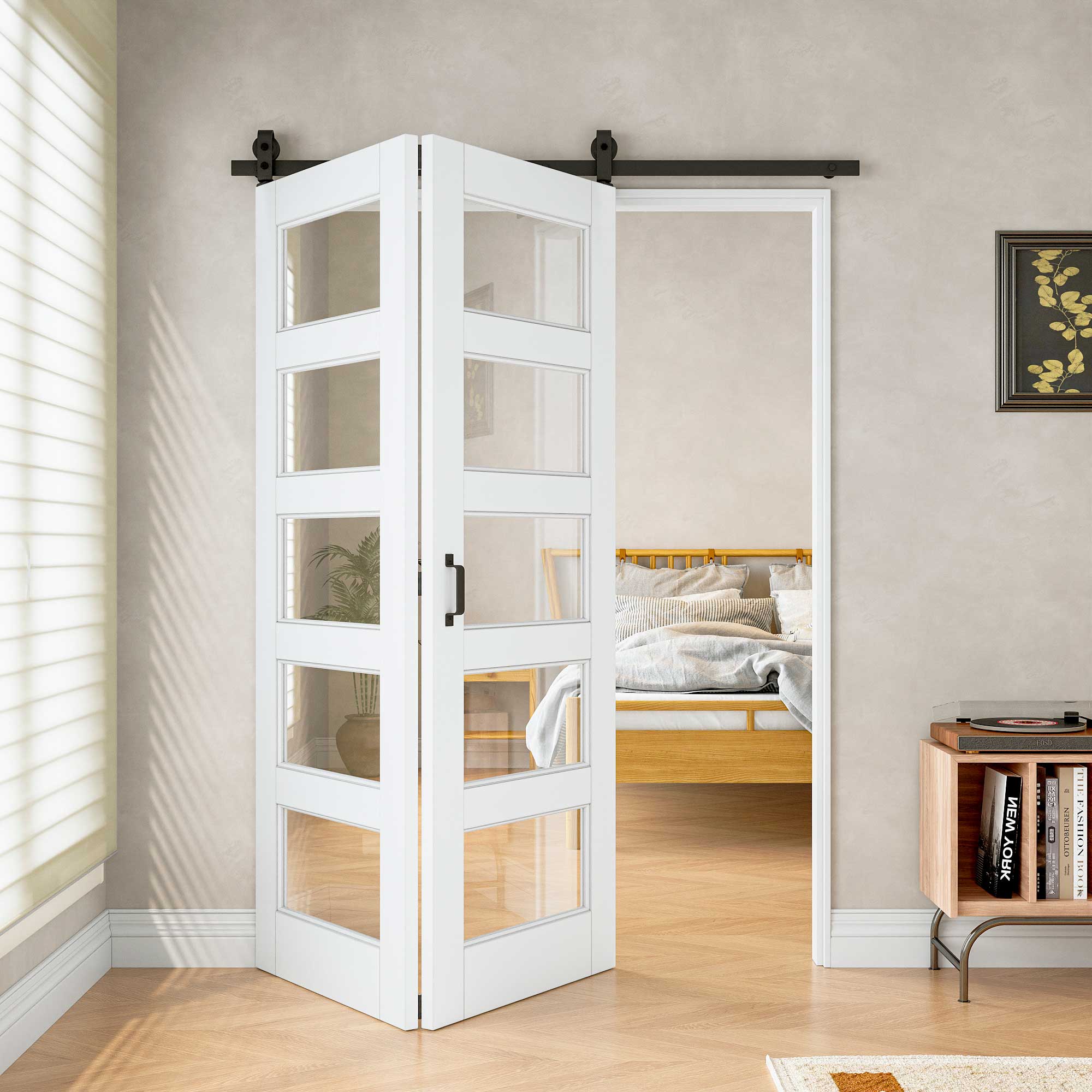 [Paintable] 5-Lite Tempered Clear Glass Bifold Sliding Barn Door, Prefinished & Paintable Surface with Hardware Kit