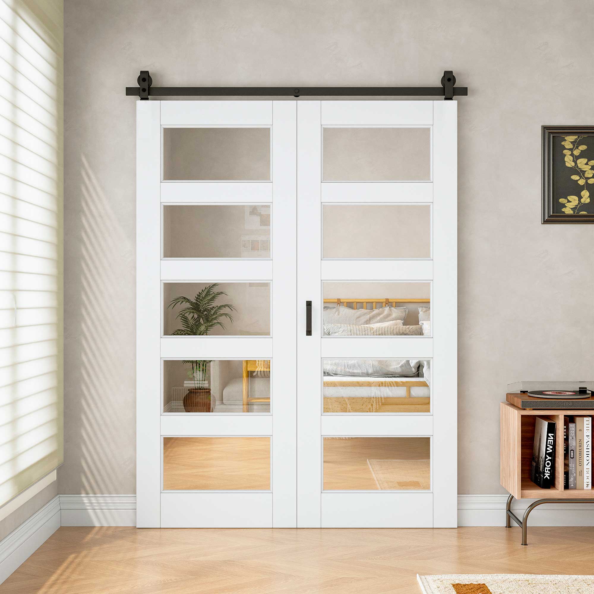 [Paintable] 5-Lite Tempered Clear Glass Bifold Sliding Barn Door, Prefinished & Paintable Surface with Hardware Kit
