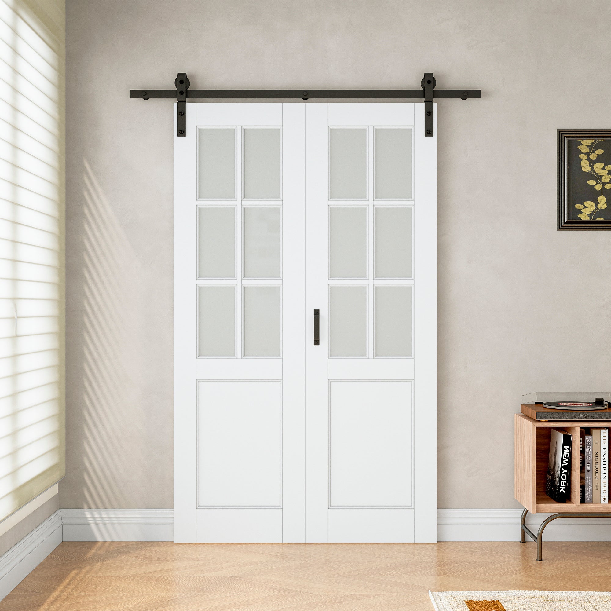 [Paintable] 6-Lite Frosted Glass Bifold Barn Door MDF Wood, Prefinished & Paintable Surface, with Hardware Kit & Handle & Floor Guide, White