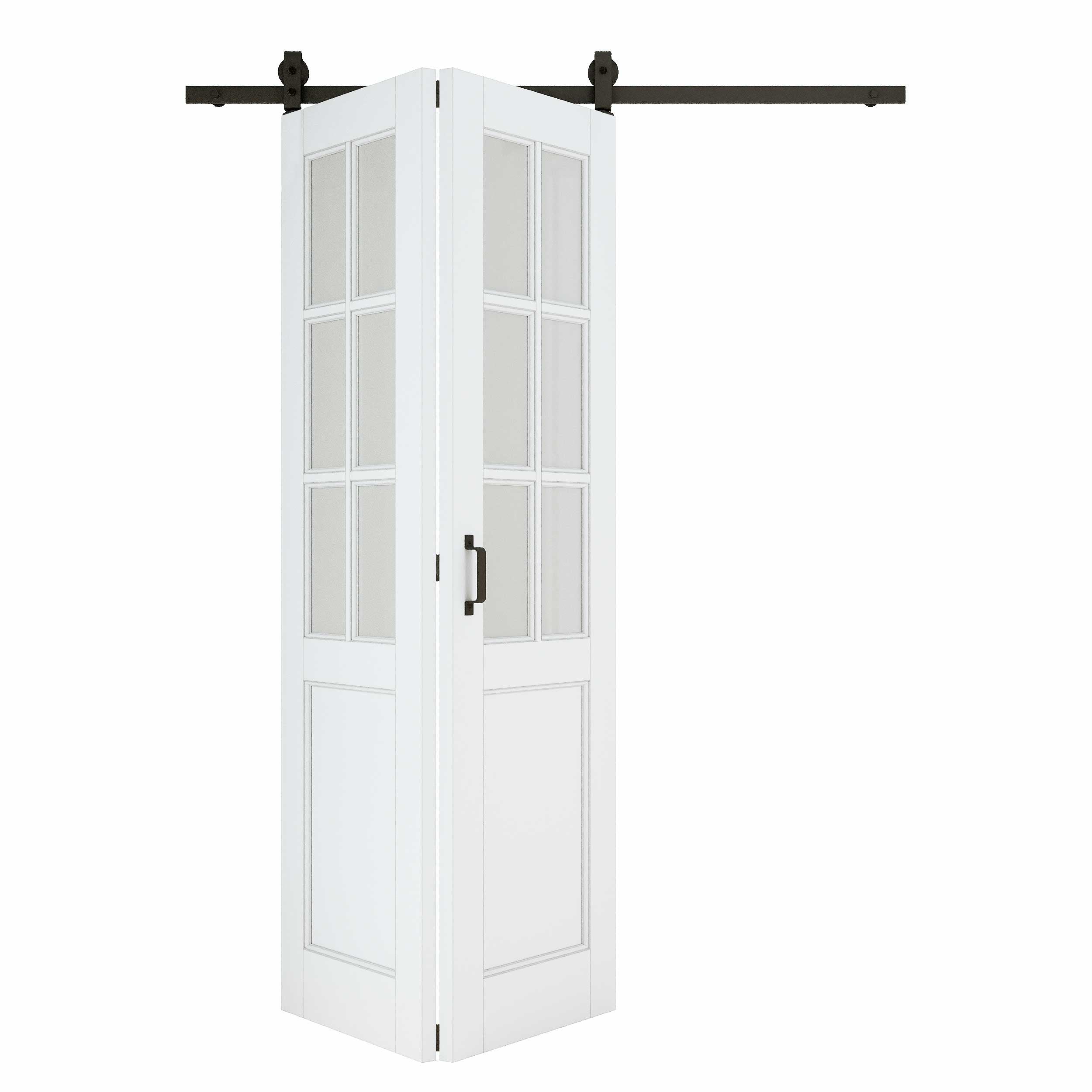 [Paintable] 6-Lite Frosted Glass Bifold Barn Door MDF Wood, Prefinished & Paintable Surface, with Hardware Kit & Handle & Floor Guide, White