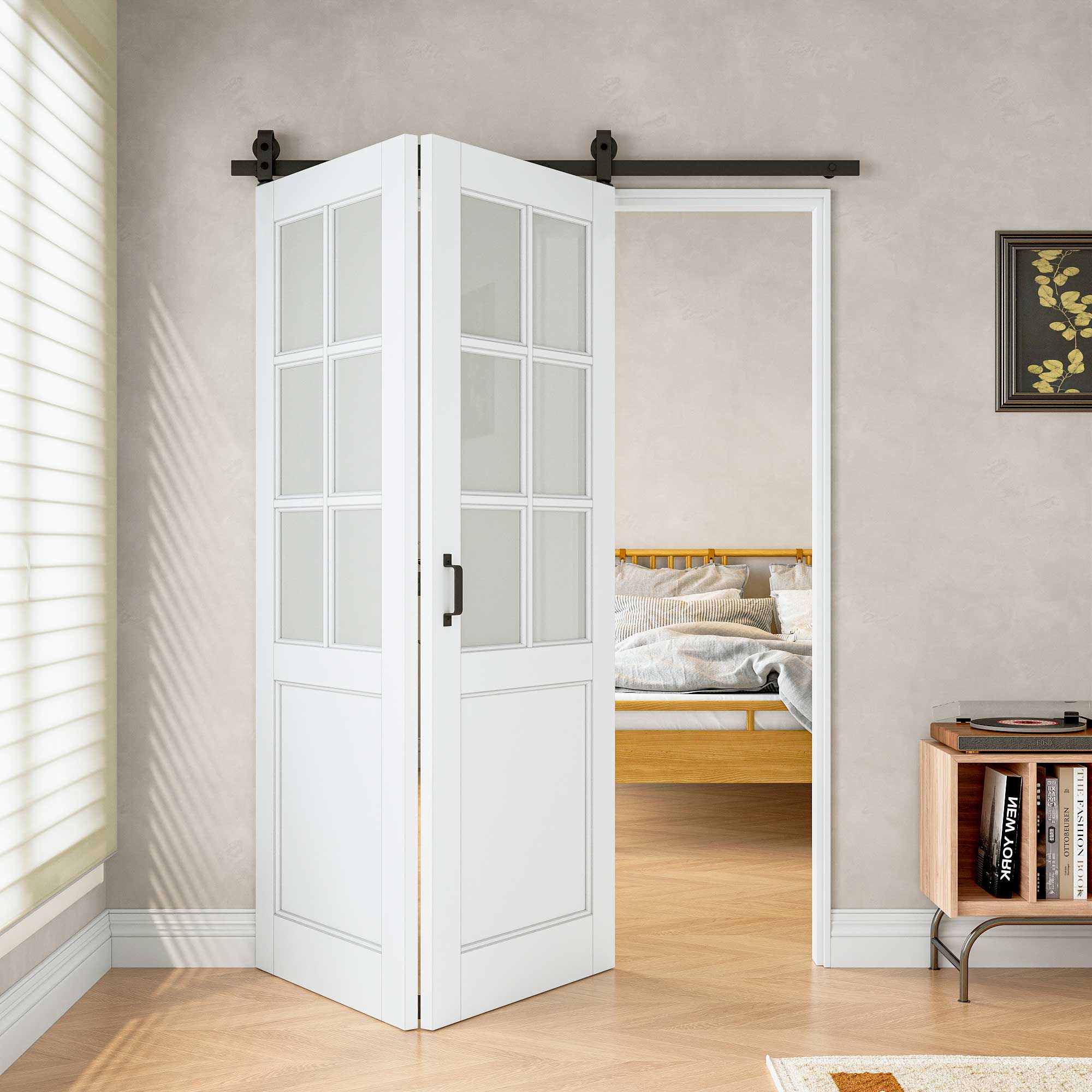 [Paintable] 6-Lite Frosted Glass Bifold Barn Door MDF Wood, Prefinished & Paintable Surface, with Hardware Kit & Handle & Floor Guide, White