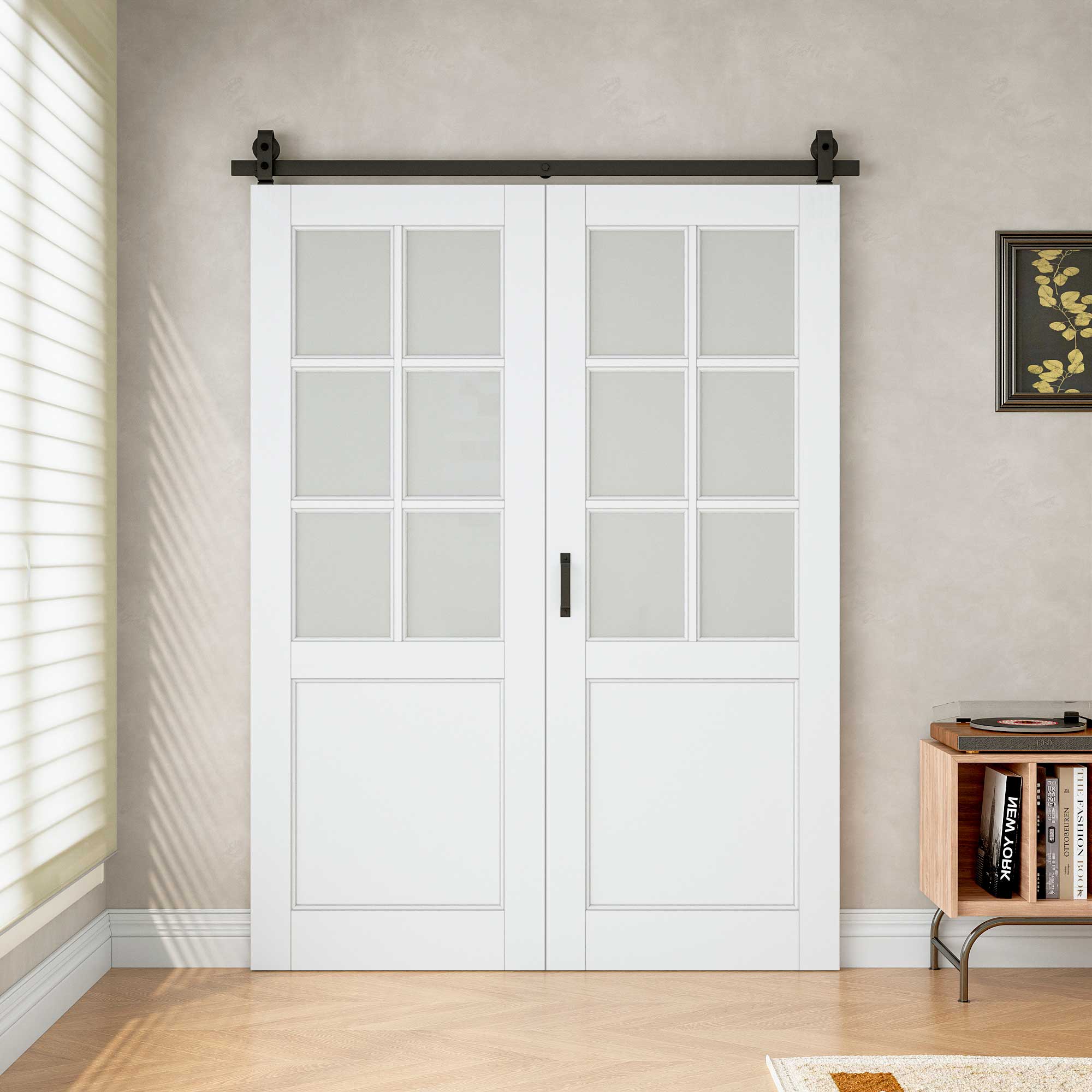 [Paintable] 6-Lite Frosted Glass Bifold Barn Door MDF Wood, Prefinished & Paintable Surface, with Hardware Kit & Handle & Floor Guide, White