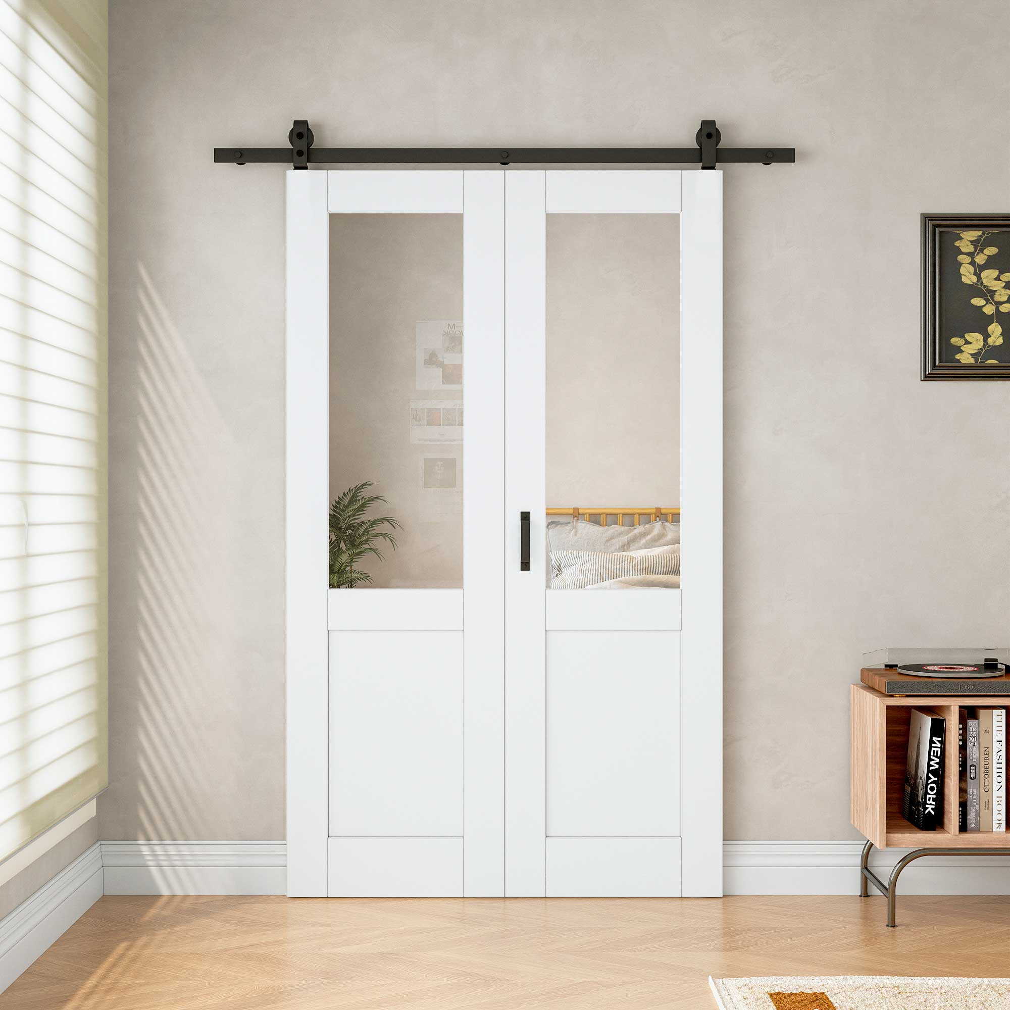 [Paintable] Half Lite Tempered Clear Glass Bifold Sliding Barn Door, Prefinished & Paintable Surface with Hardware Kit