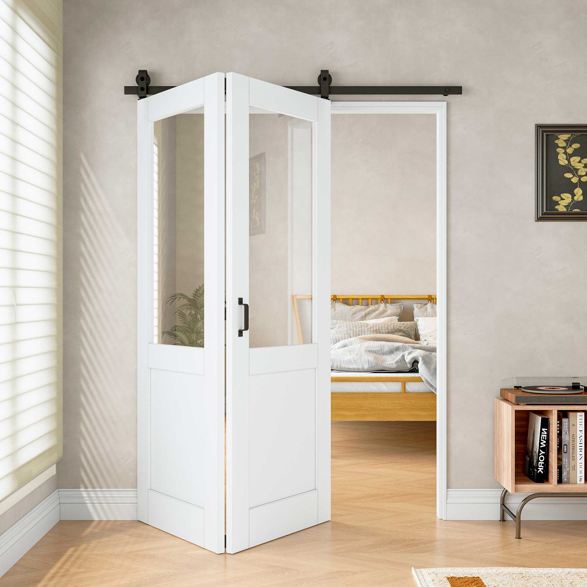 [Paintable] Half Lite Tempered Clear Glass Bifold Sliding Barn Door, Prefinished & Paintable Surface with Hardware Kit
