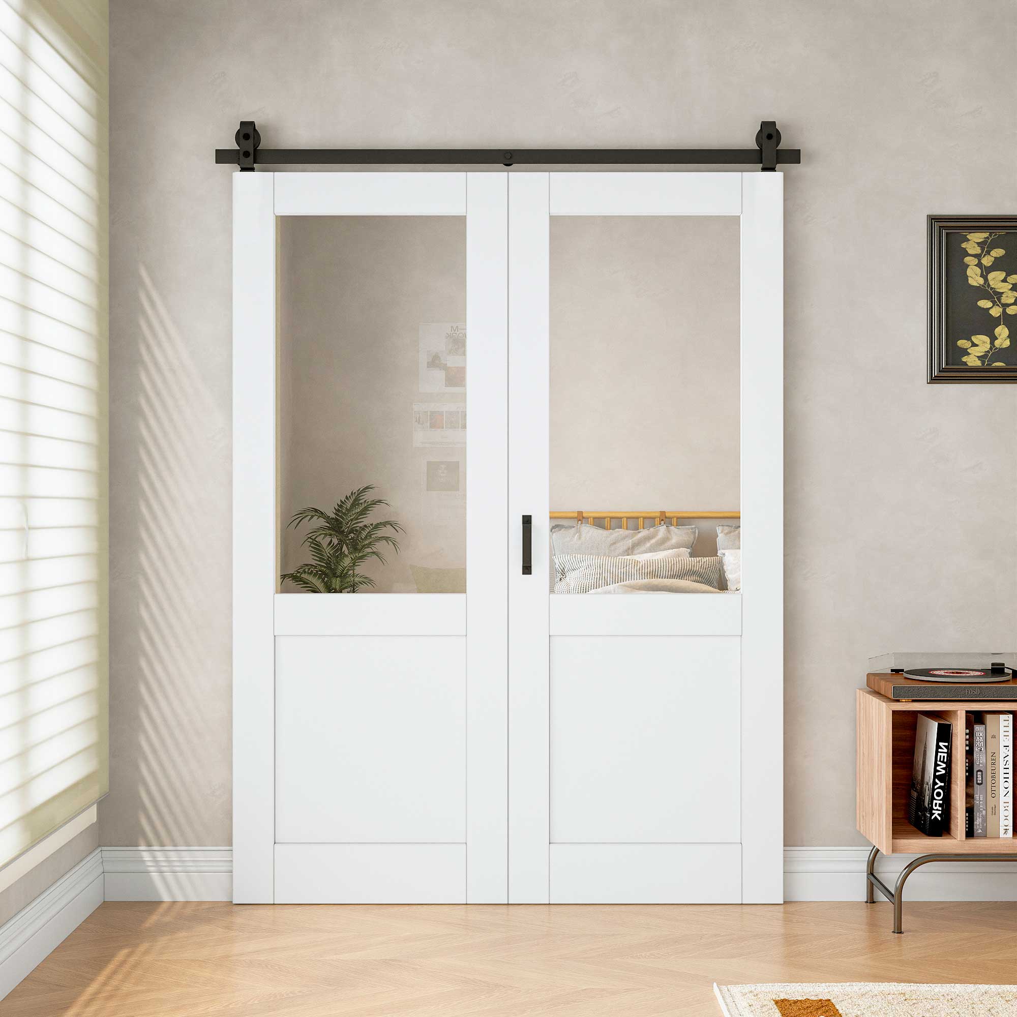[Paintable] Half Lite Tempered Clear Glass Bifold Sliding Barn Door, Prefinished & Paintable Surface with Hardware Kit