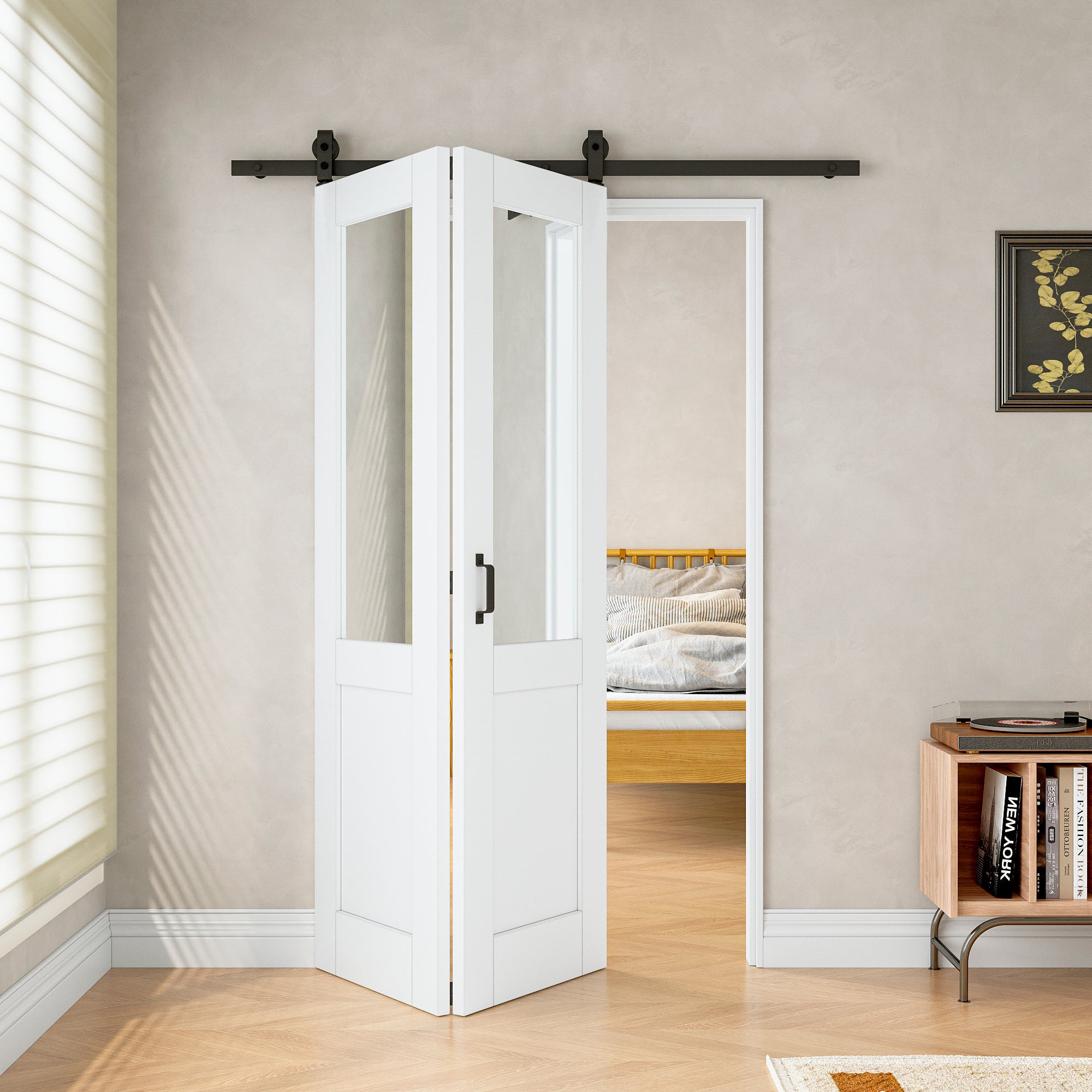 [Paintable] Half Lite Mirror Bifold Sliding Barn Door, Prefinished & Paintable Surface with Hardware Kit